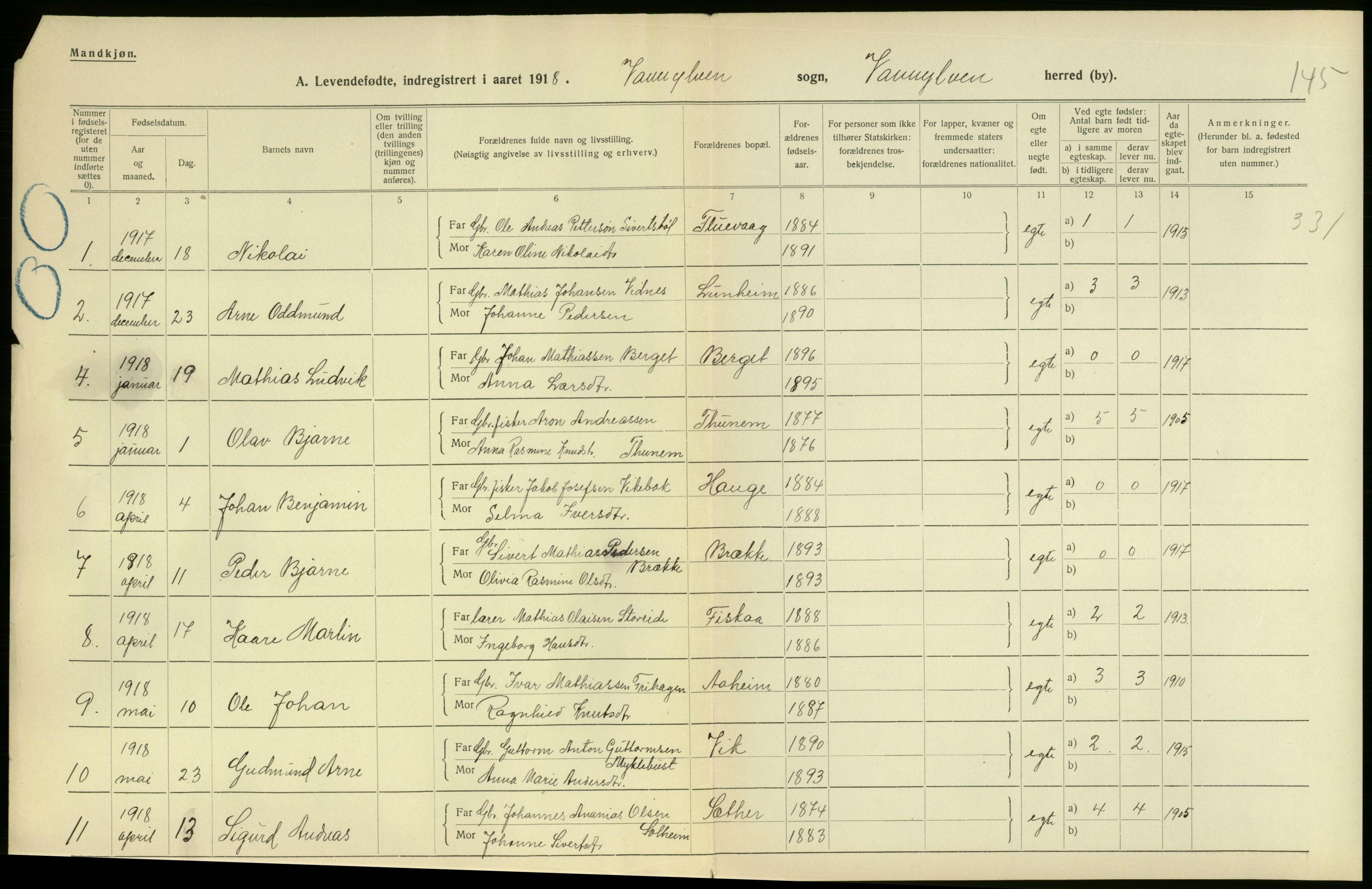 Statistisk sentralbyrå, Sosiodemografiske emner, Befolkning, RA/S-2228/D/Df/Dfb/Dfbh/L0043: Møre fylke: Levendefødte menn og kvinner. Bygder., 1918, p. 242