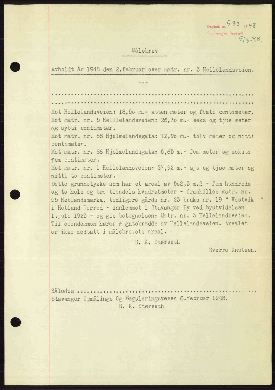 Stavanger byrett, SAST/A-100455/002/G/Gb/L0022: Mortgage book no. A11, 1947-1948, Diary no: : 582/1948