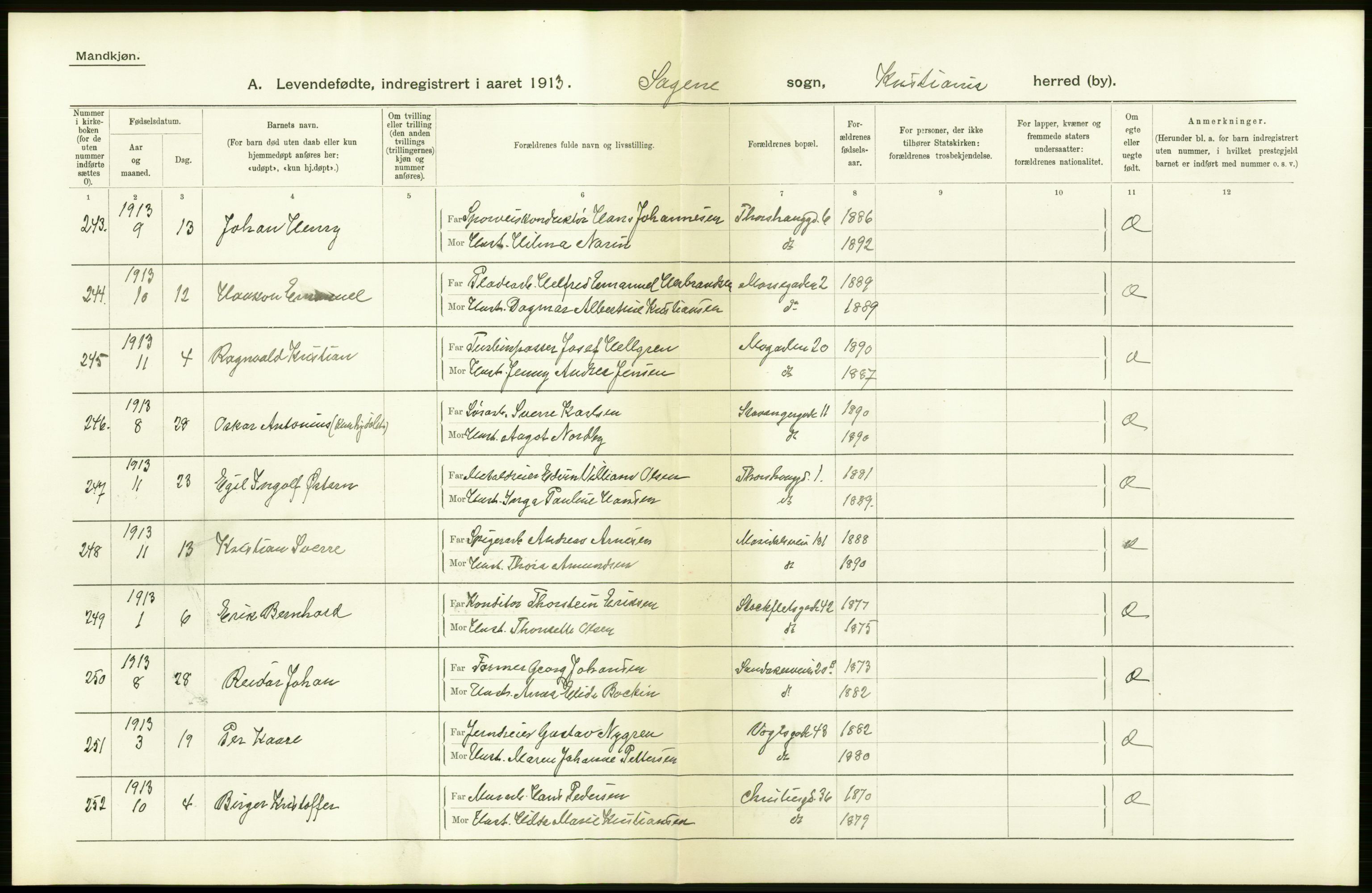 Statistisk sentralbyrå, Sosiodemografiske emner, Befolkning, AV/RA-S-2228/D/Df/Dfb/Dfbc/L0006: Kristiania: Levendefødte menn og kvinner., 1913, p. 6