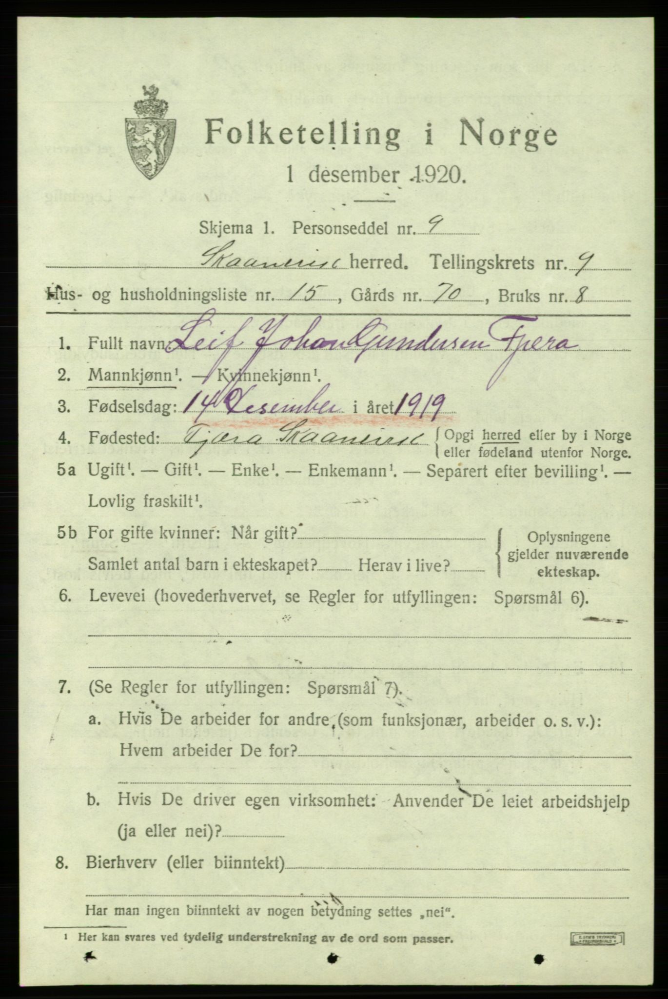 SAB, 1920 census for Skånevik, 1920, p. 5065