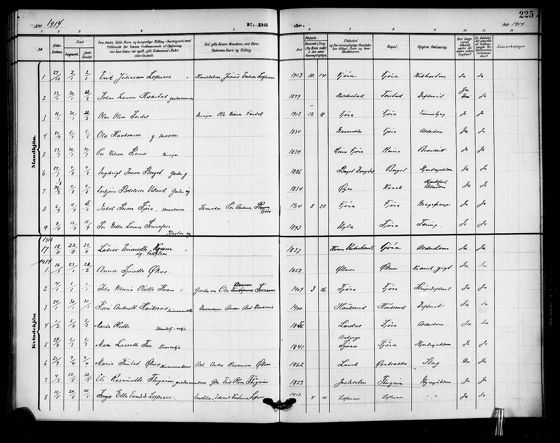 Sogndal sokneprestembete, AV/SAB-A-81301/H/Hab/Haba/L0002: Parish register (copy) no. A 2, 1908-1924, p. 225