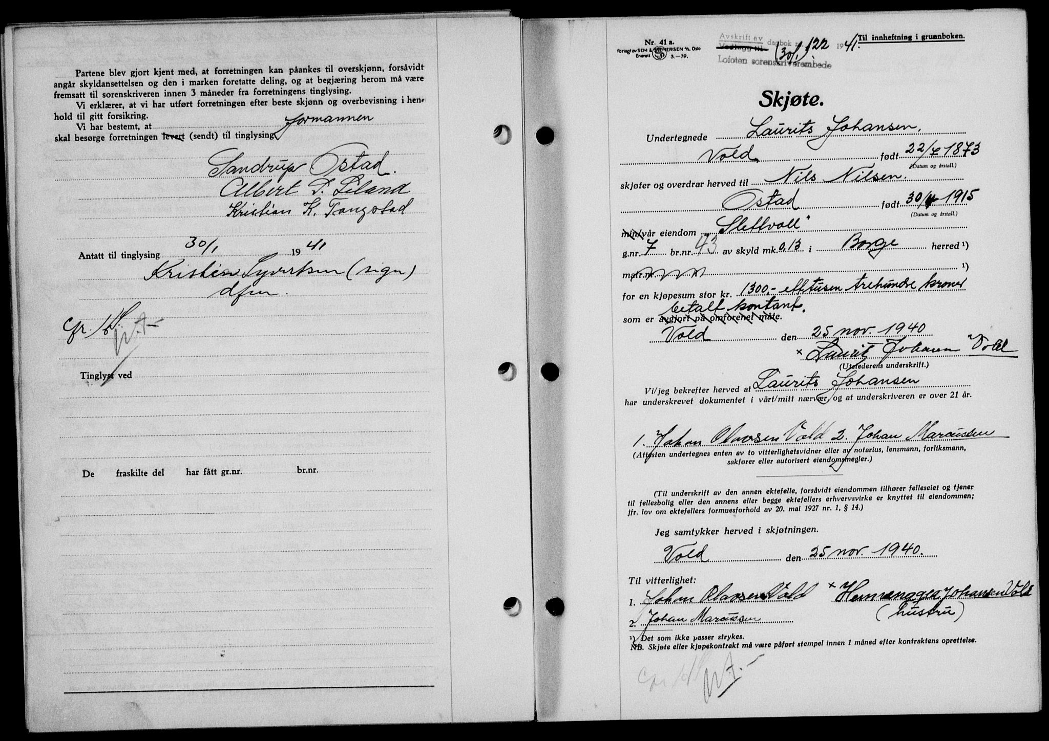 Lofoten sorenskriveri, SAT/A-0017/1/2/2C/L0008a: Mortgage book no. 8a, 1940-1941, Diary no: : 122/1941