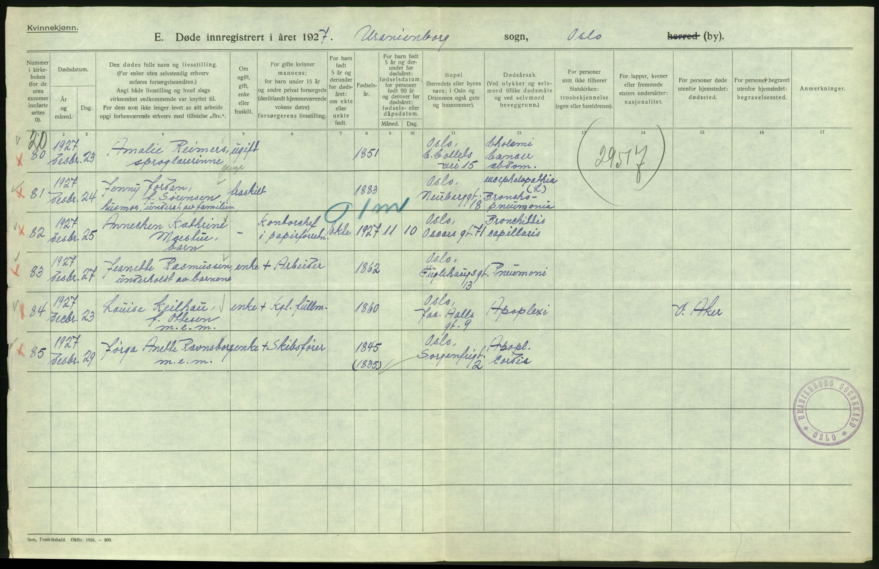 Statistisk sentralbyrå, Sosiodemografiske emner, Befolkning, AV/RA-S-2228/D/Df/Dfc/Dfcg/L0010: Oslo: Døde kvinner, dødfødte, 1927, p. 296