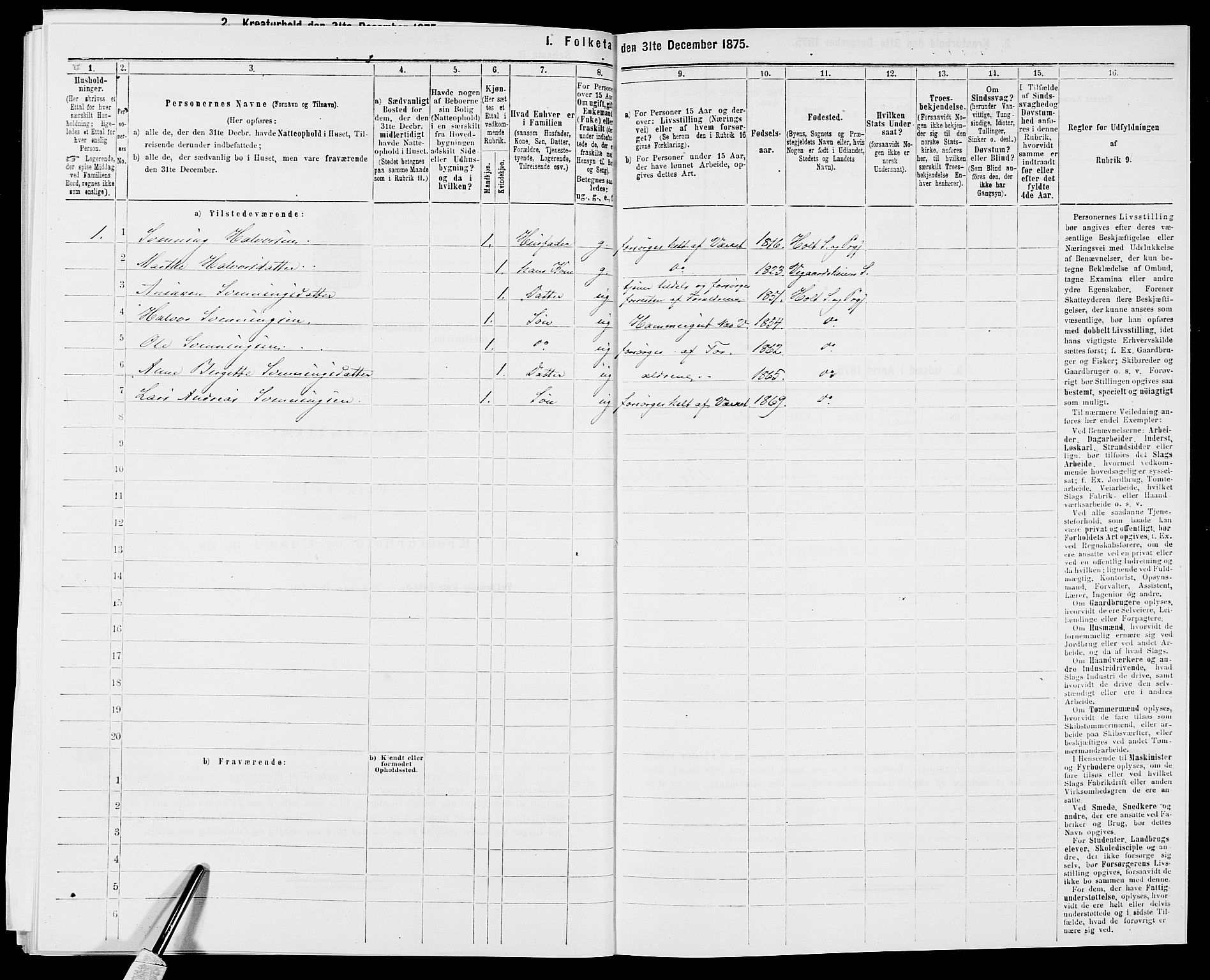 SAK, 1875 census for 0914L Holt/Holt, 1875, p. 292