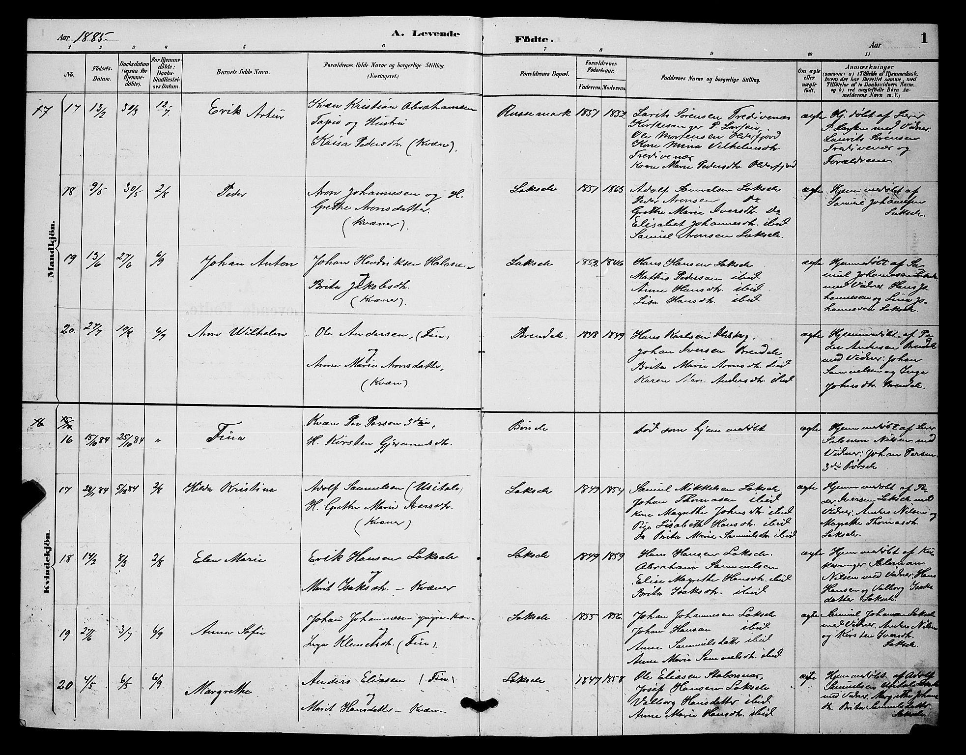 Kistrand/Porsanger sokneprestembete, SATØ/S-1351/H/Hb/L0004.klokk: Parish register (copy) no. 4, 1885-1894, p. 1