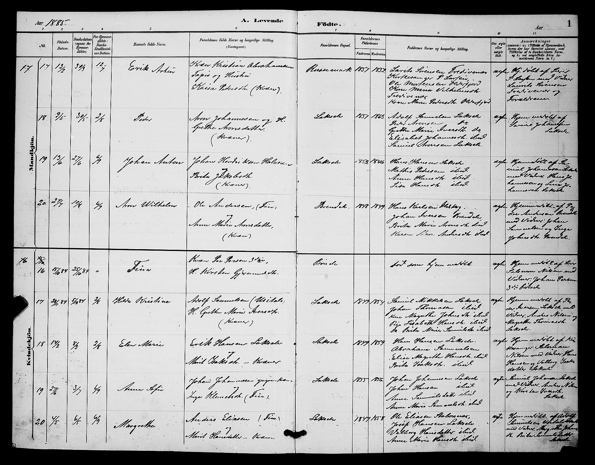 Kistrand/Porsanger sokneprestembete, AV/SATØ-S-1351/H/Hb/L0004.klokk: Parish register (copy) no. 4, 1885-1894, p. 1