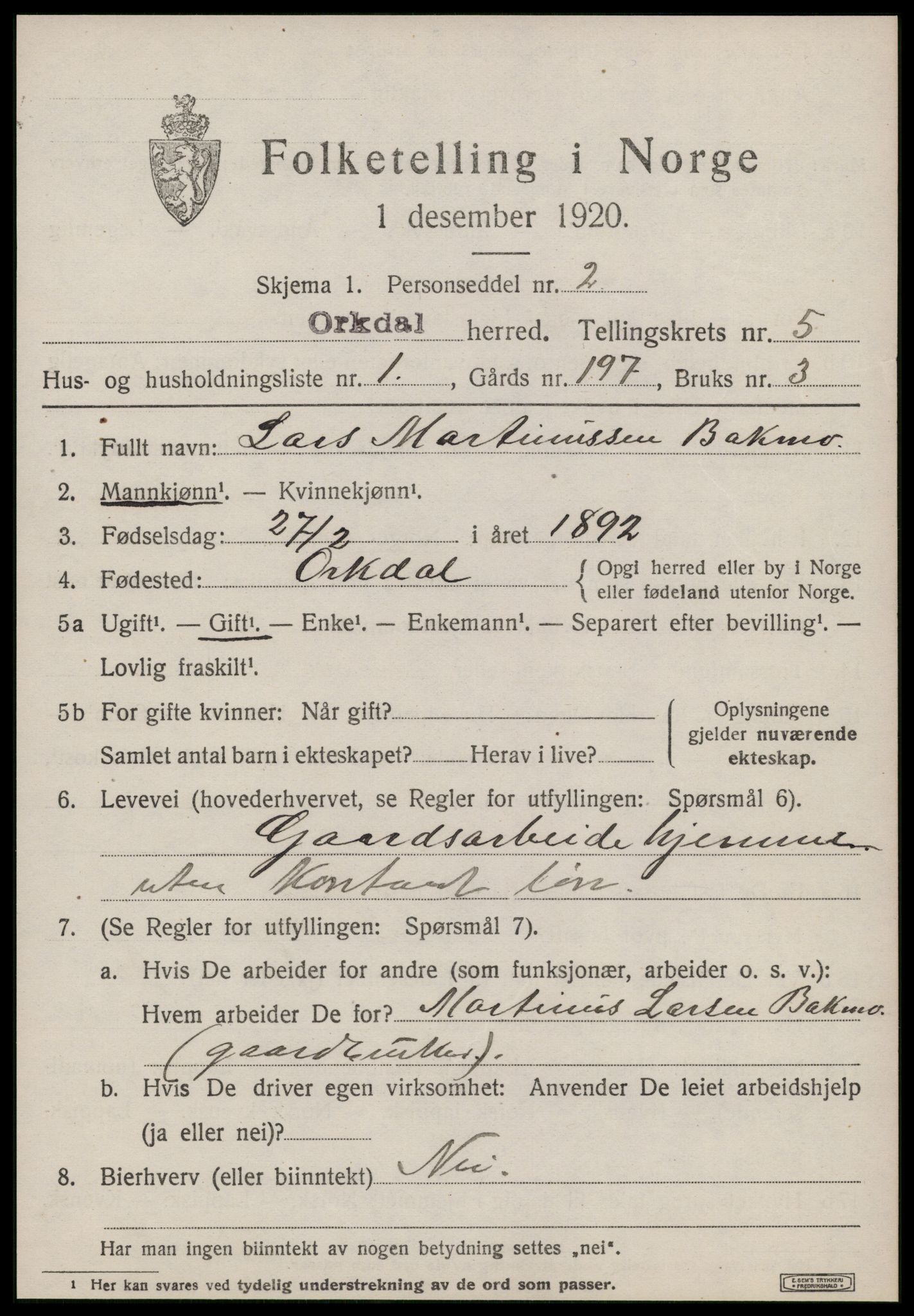 SAT, 1920 census for Orkdal, 1920, p. 4626