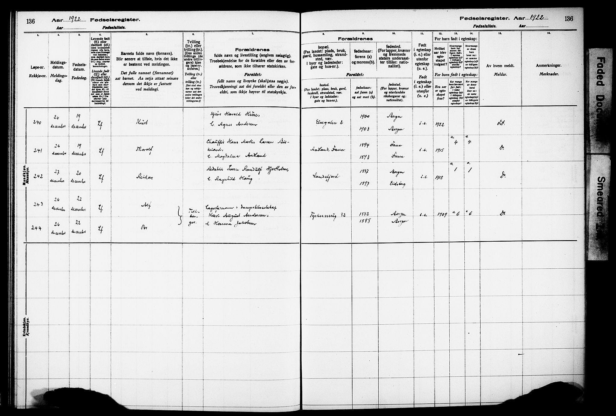 Kvinneklinikken, SAB/A-76301/F/L0A02: Birth register no. A 2, 1920-1924, p. 136