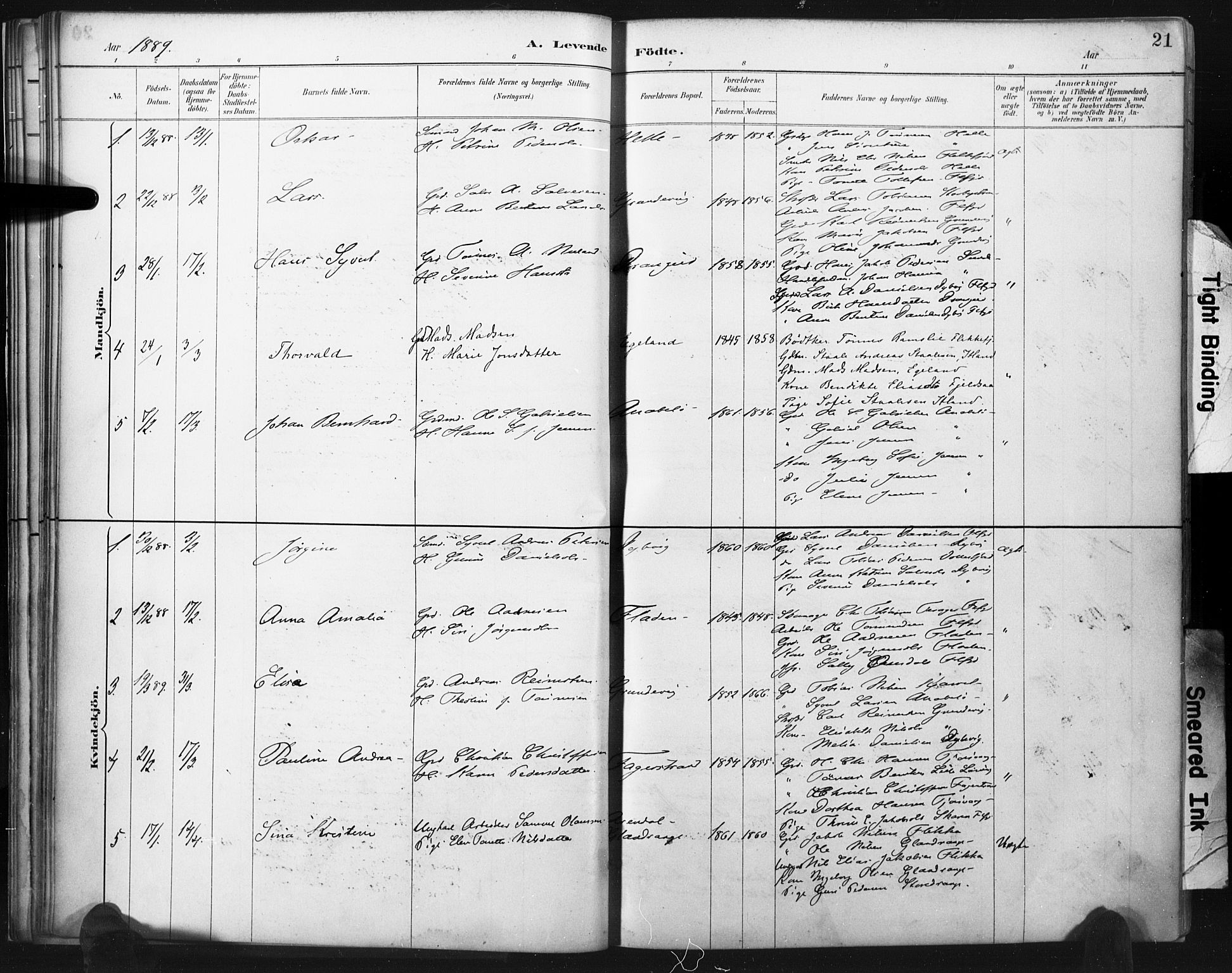 Flekkefjord sokneprestkontor, SAK/1111-0012/F/Fa/Fac/L0008: Parish register (official) no. A 8, 1885-1898, p. 21