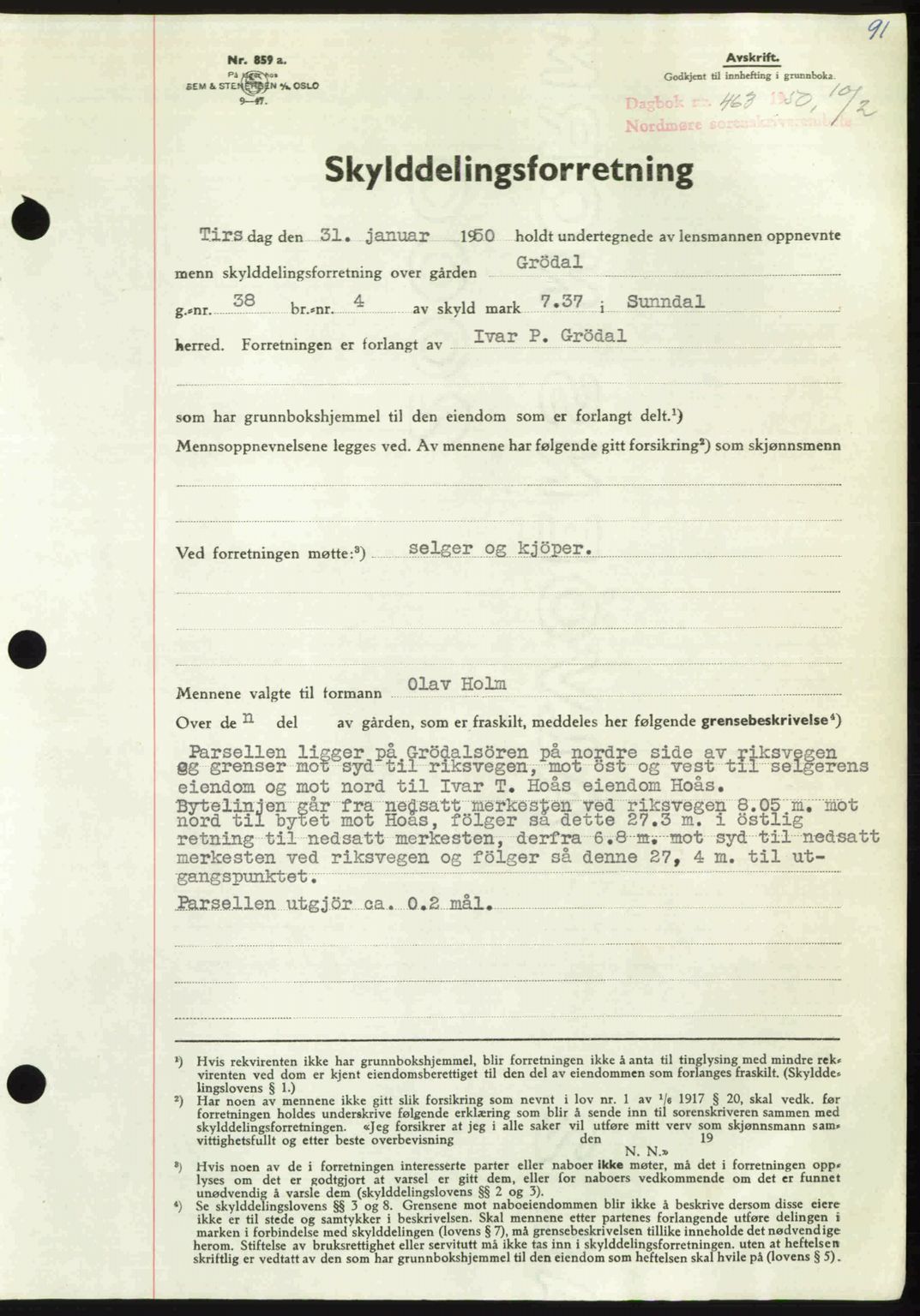 Nordmøre sorenskriveri, AV/SAT-A-4132/1/2/2Ca: Mortgage book no. A114, 1950-1950, Diary no: : 463/1950