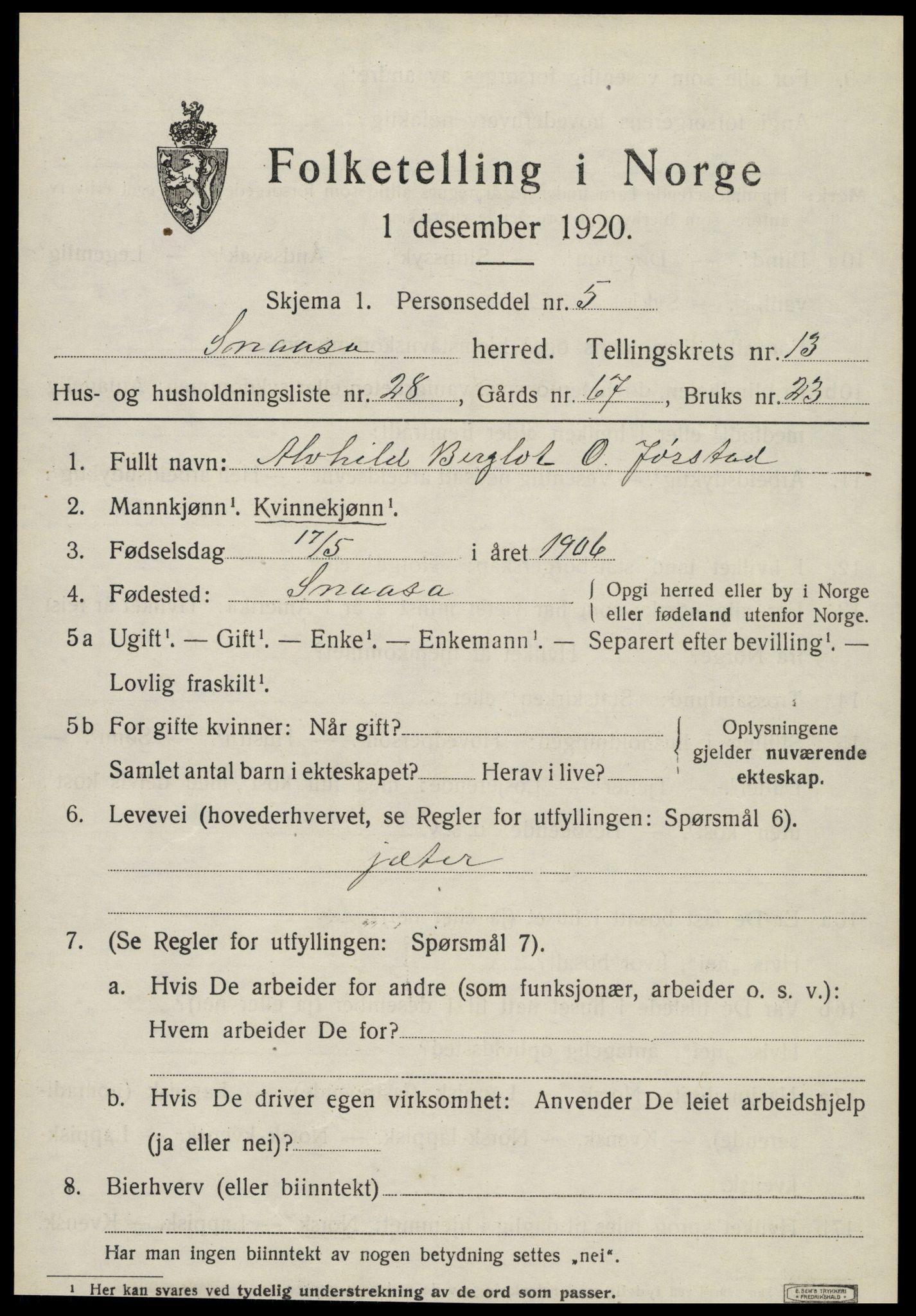 SAT, 1920 census for Snåsa, 1920, p. 5946