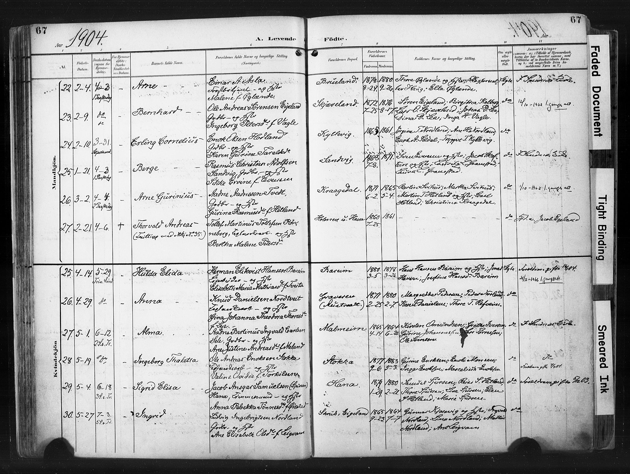 Høyland sokneprestkontor, AV/SAST-A-101799/001/30BA/L0015: Parish register (official) no. A 14, 1899-1911, p. 67