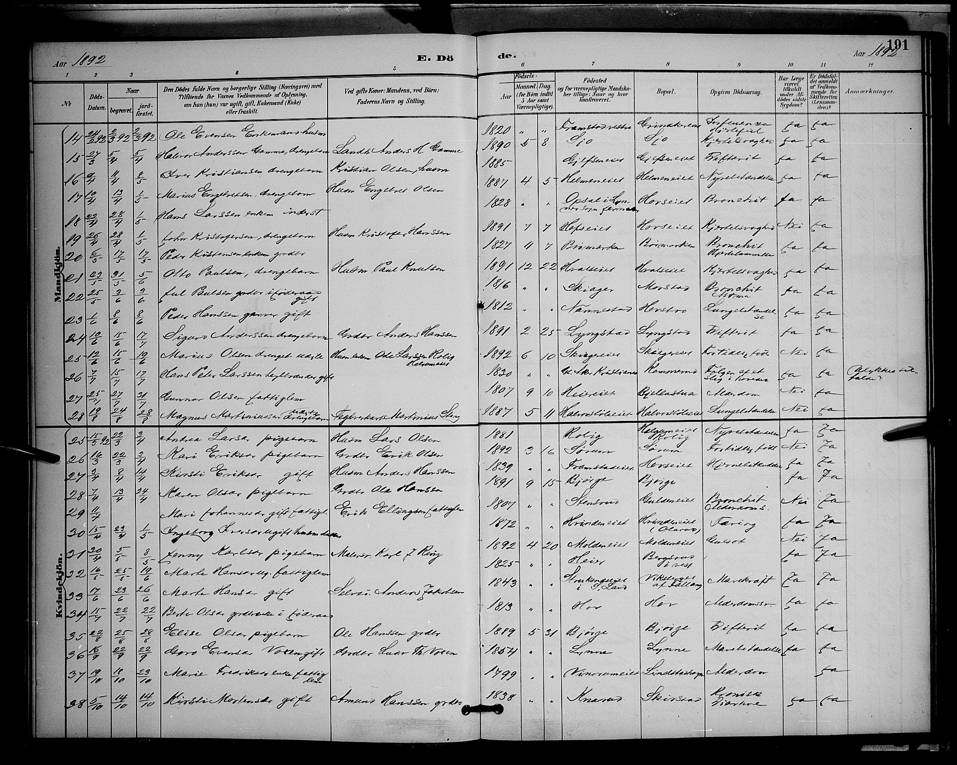 Gran prestekontor, SAH/PREST-112/H/Ha/Hab/L0005: Parish register (copy) no. 5, 1892-1900, p. 191