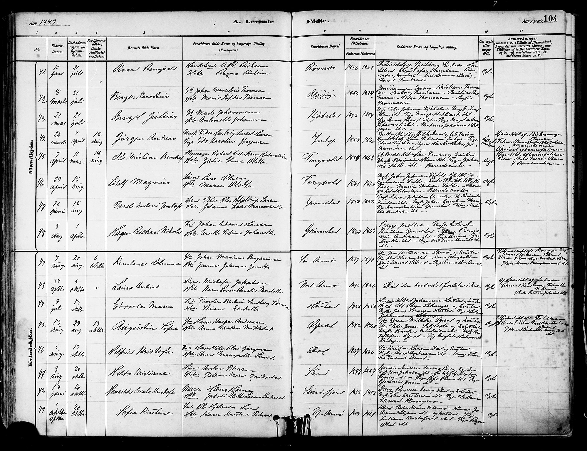 Ministerialprotokoller, klokkerbøker og fødselsregistre - Nordland, SAT/A-1459/805/L0099: Parish register (official) no. 805A06, 1880-1891, p. 104