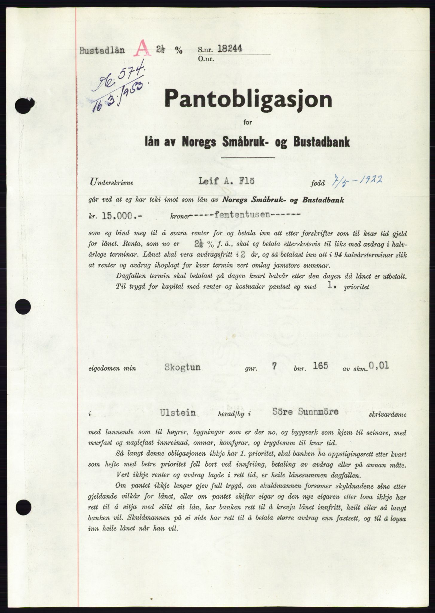 Søre Sunnmøre sorenskriveri, SAT/A-4122/1/2/2C/L0123: Mortgage book no. 11B, 1953-1953, Diary no: : 574/1953