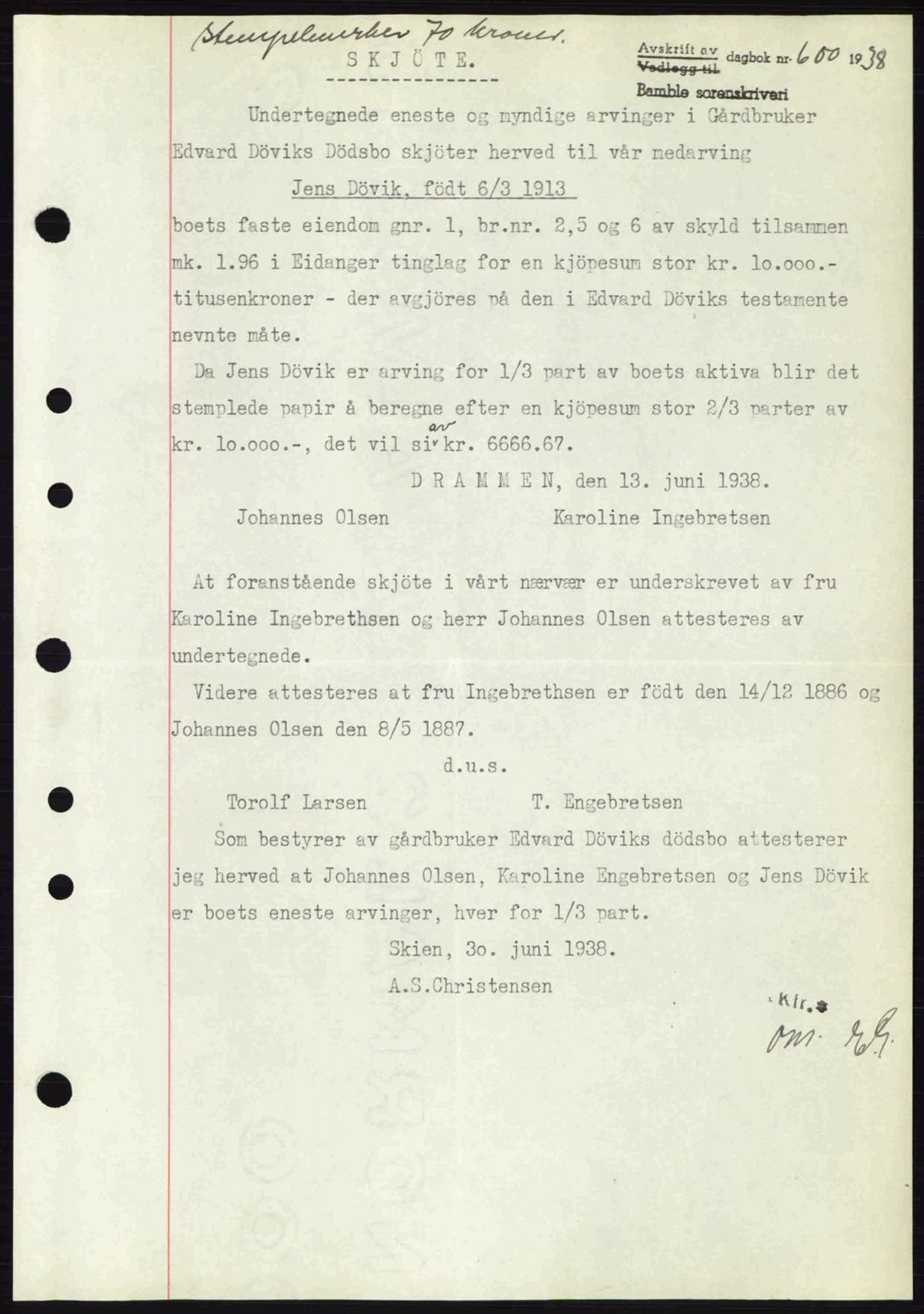 Bamble sorenskriveri, AV/SAKO-A-214/G/Ga/Gag/L0002: Mortgage book no. A-2, 1937-1938, Diary no: : 600/1938