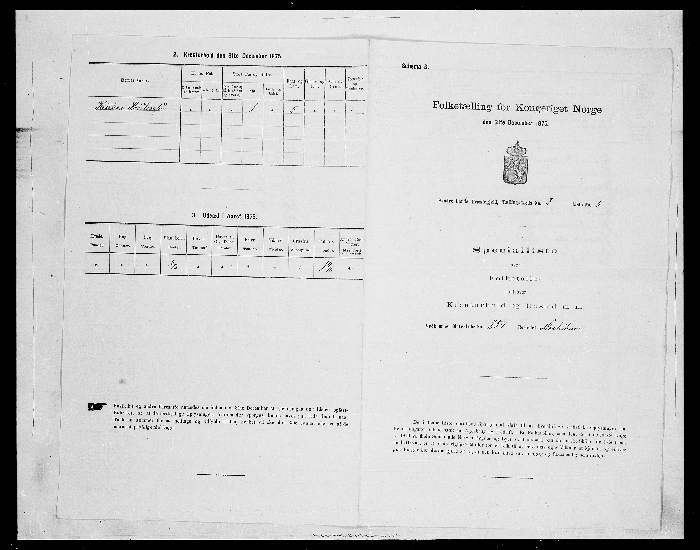 SAH, 1875 census for 0536P Søndre Land, 1875, p. 462