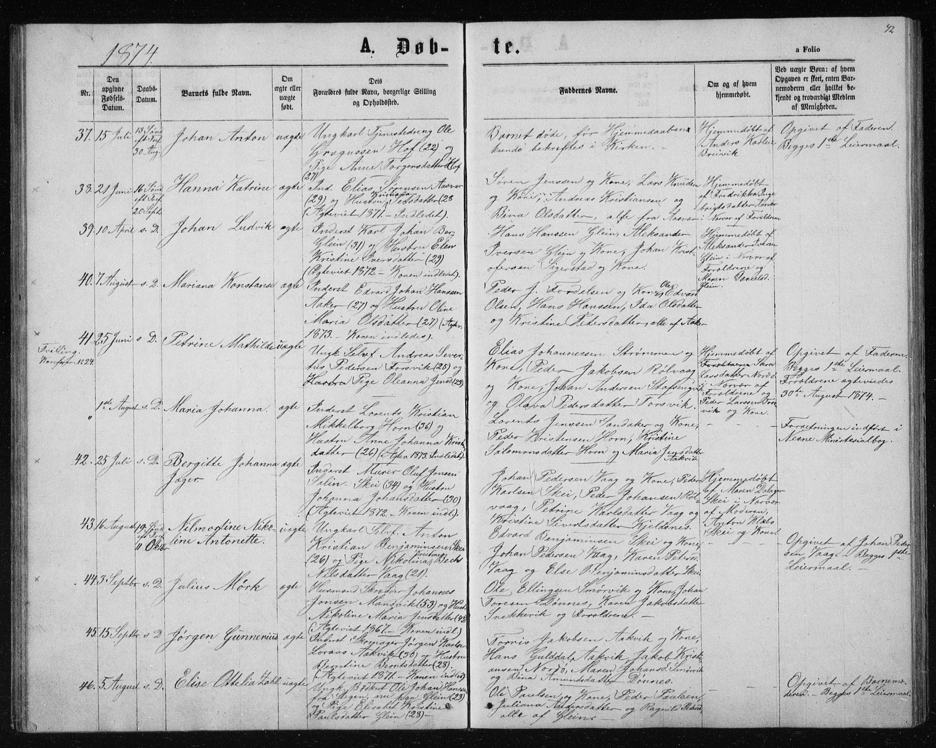 Ministerialprotokoller, klokkerbøker og fødselsregistre - Nordland, SAT/A-1459/835/L0531: Parish register (copy) no. 835C03, 1865-1877, p. 42