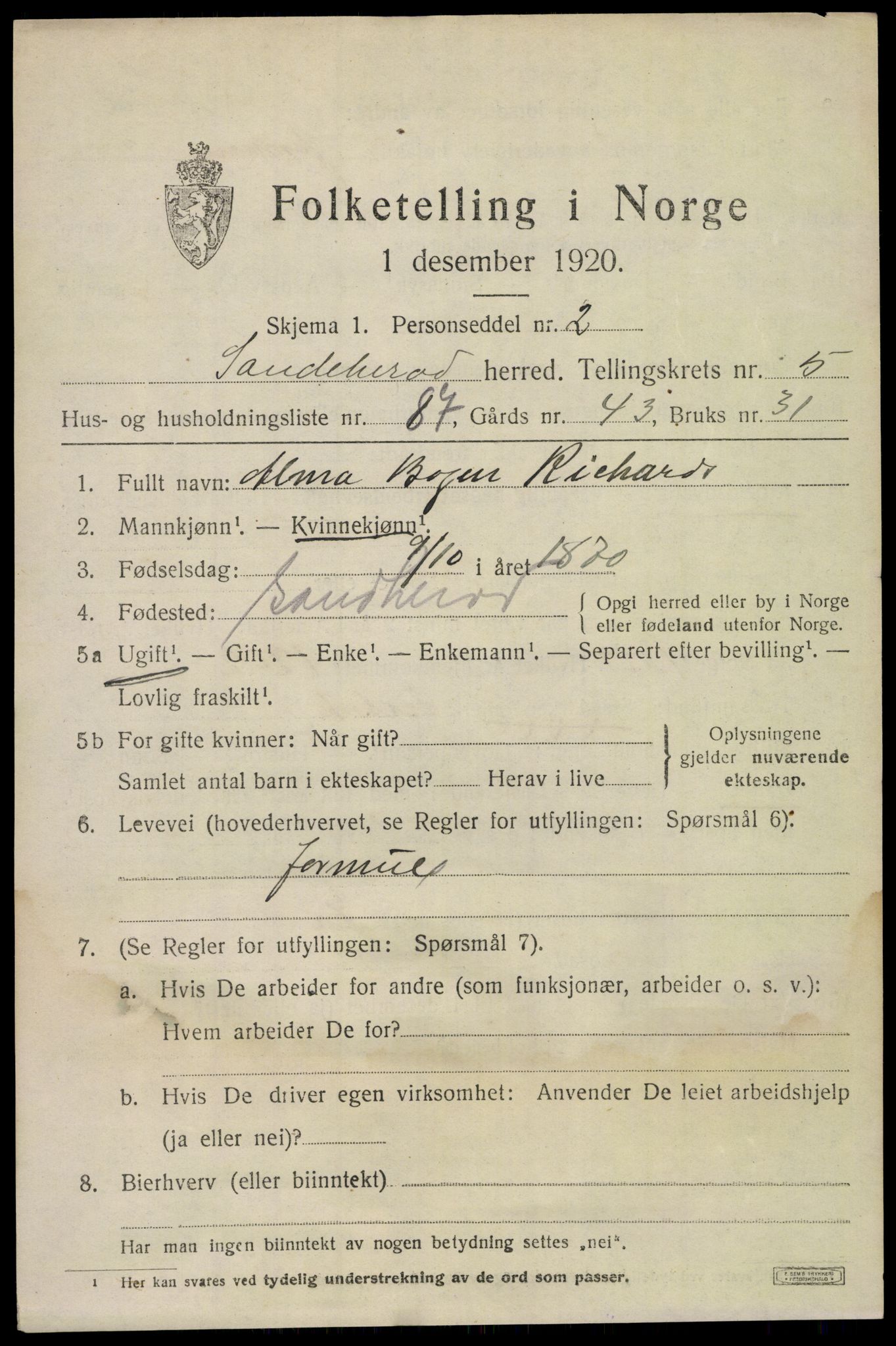 SAKO, 1920 census for Sandeherred, 1920, p. 9236