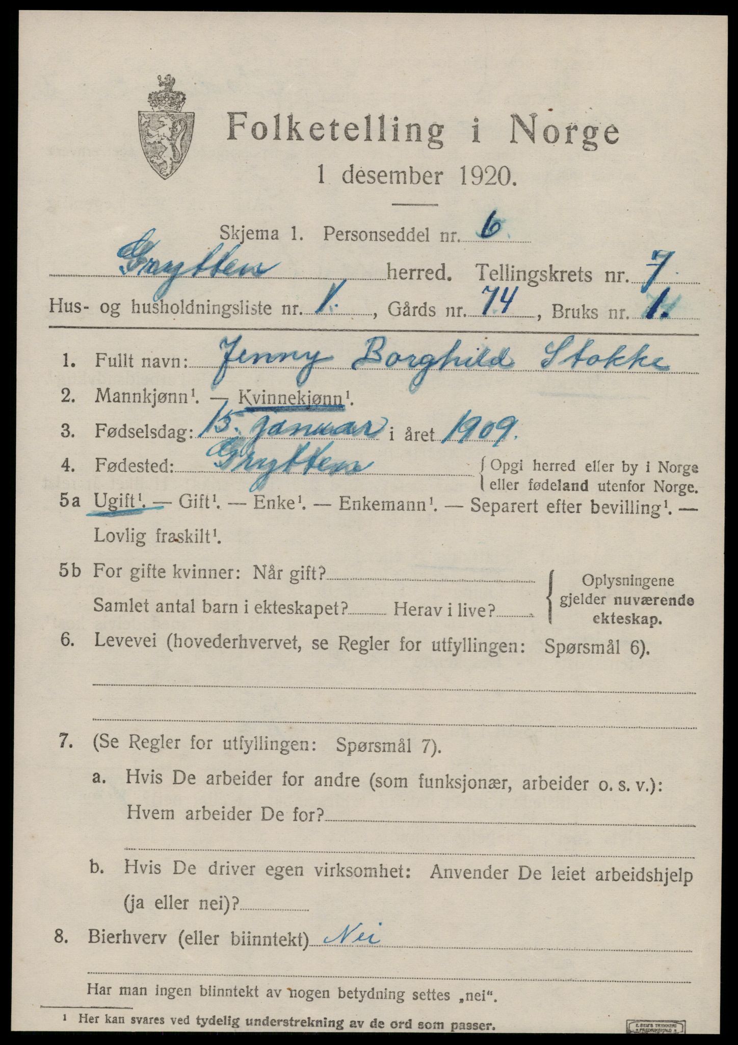 SAT, 1920 census for Grytten, 1920, p. 4834