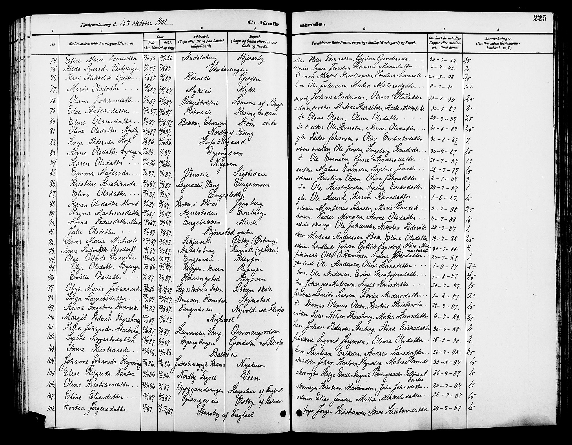 Løten prestekontor, SAH/PREST-022/L/La/L0006: Parish register (copy) no. 6, 1892-1909, p. 225