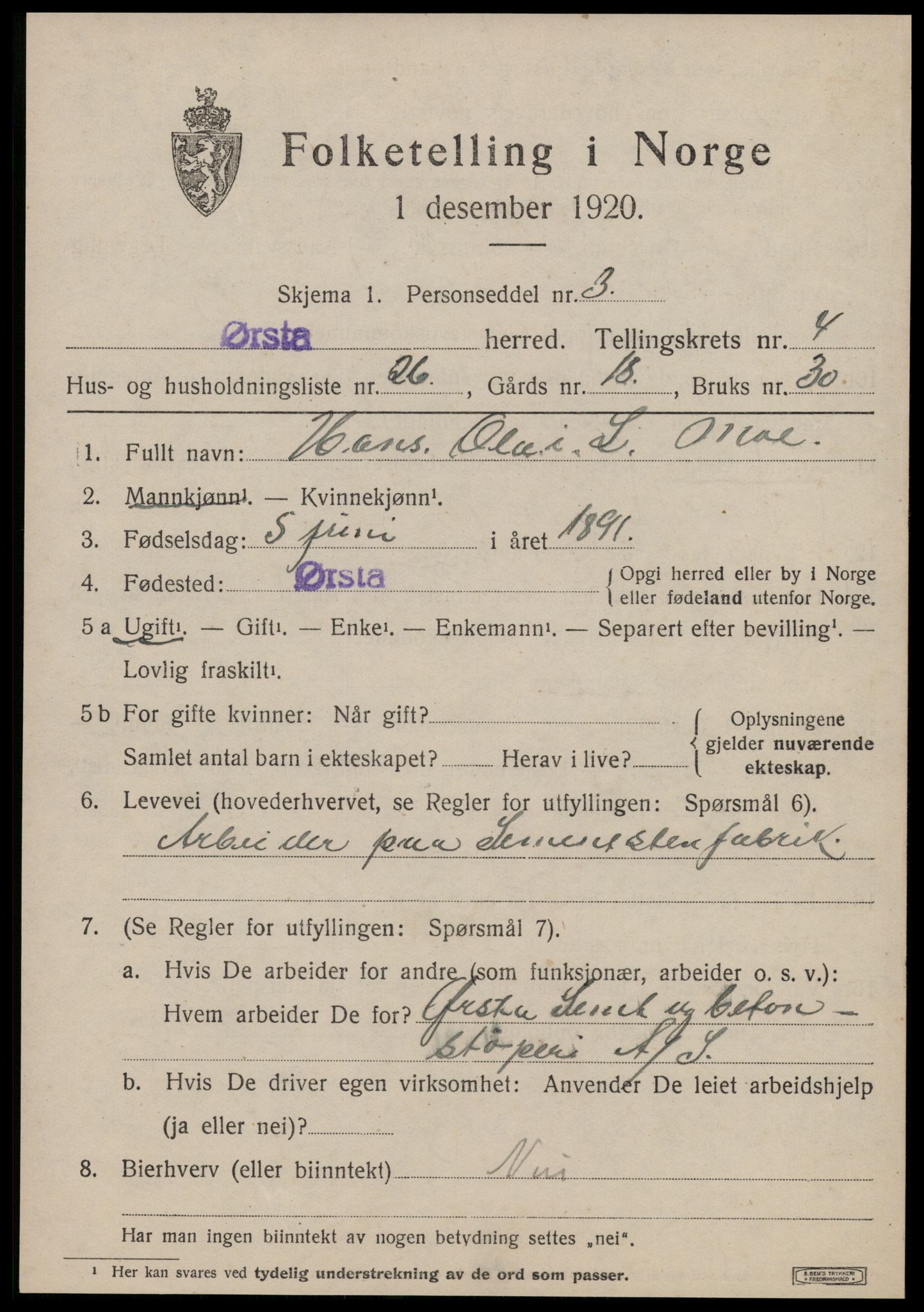 SAT, 1920 census for Ørsta, 1920, p. 4302