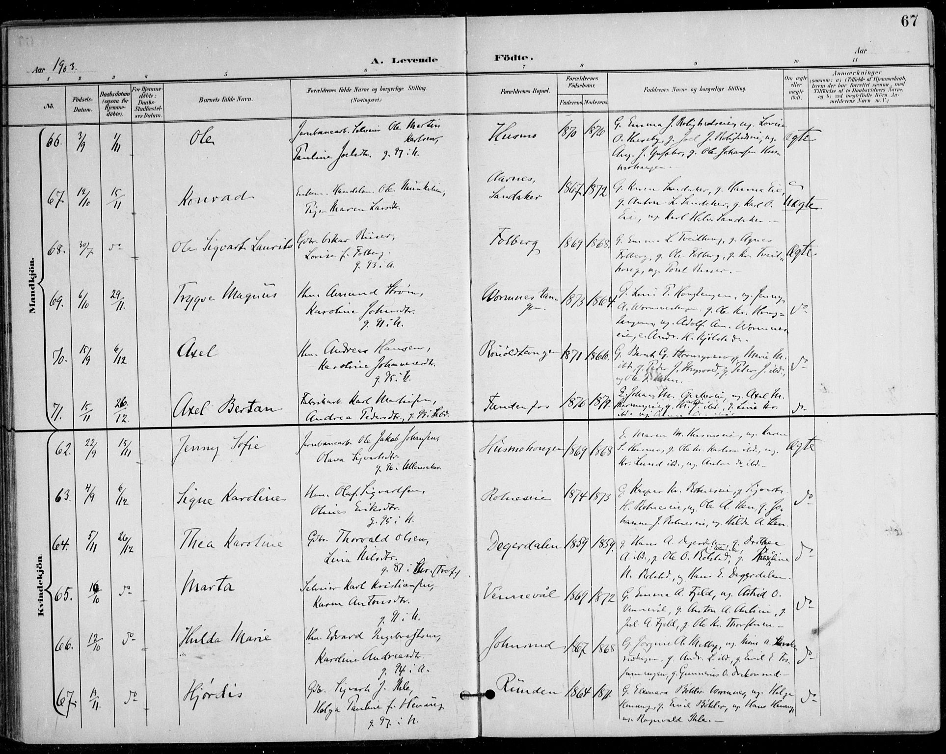 Nes prestekontor Kirkebøker, AV/SAO-A-10410/F/Fa/L0011: Parish register (official) no. I 11, 1899-1918, p. 67