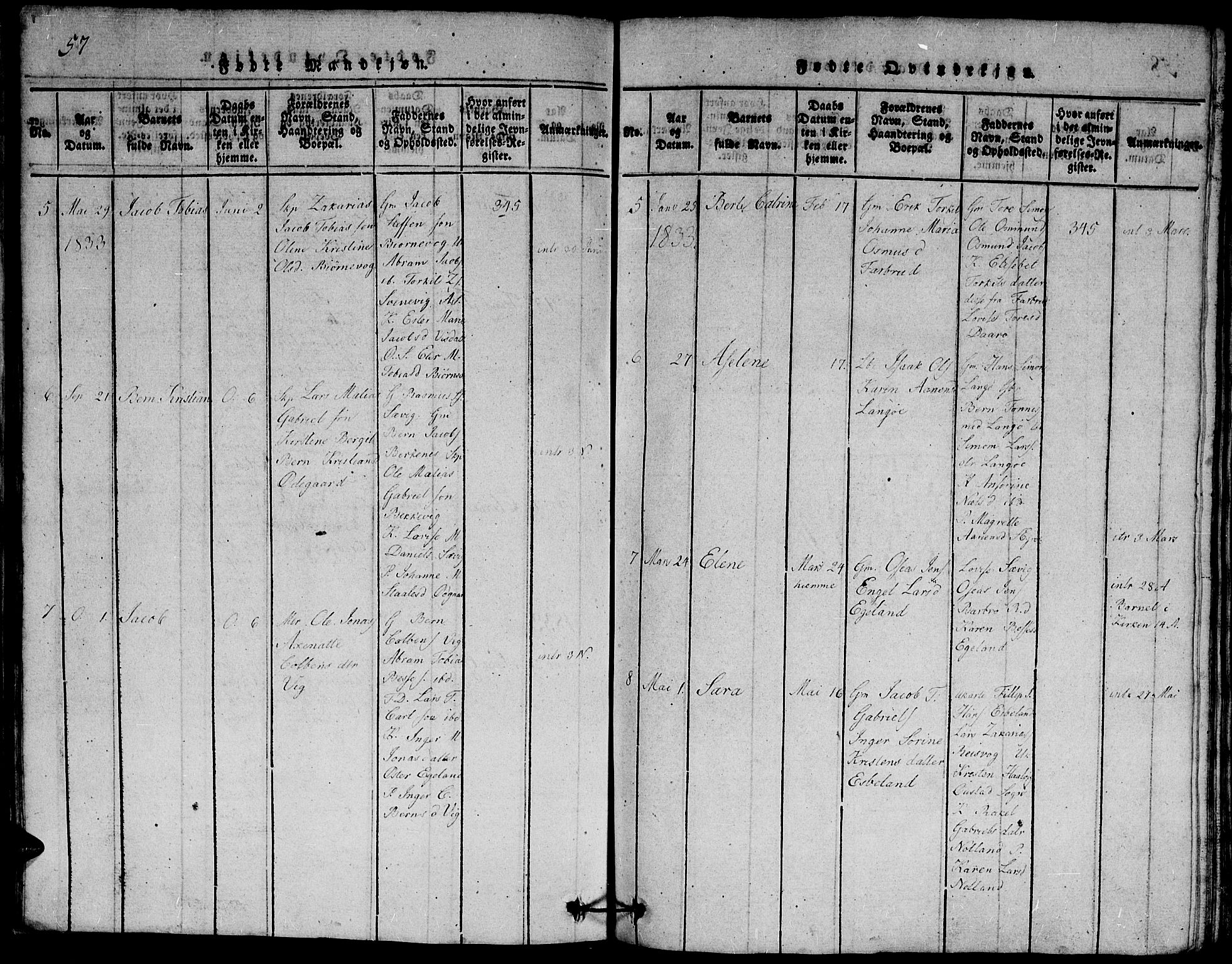 Herad sokneprestkontor, AV/SAK-1111-0018/F/Fb/Fbb/L0001: Parish register (copy) no. B 1, 1815-1852, p. 57