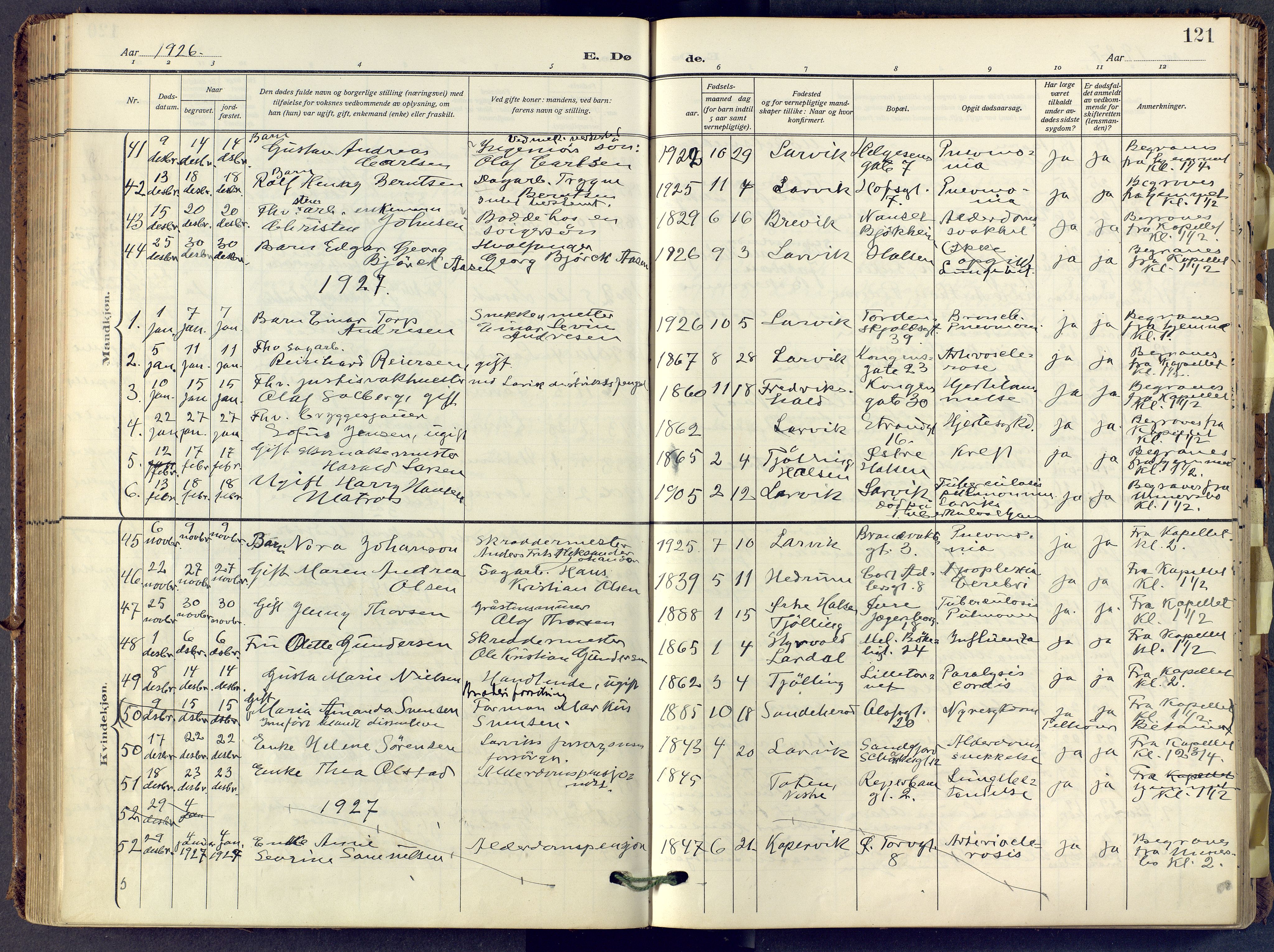 Larvik kirkebøker, SAKO/A-352/F/Fa/L0013: Parish register (official) no. I 13, 1910-1960, p. 121