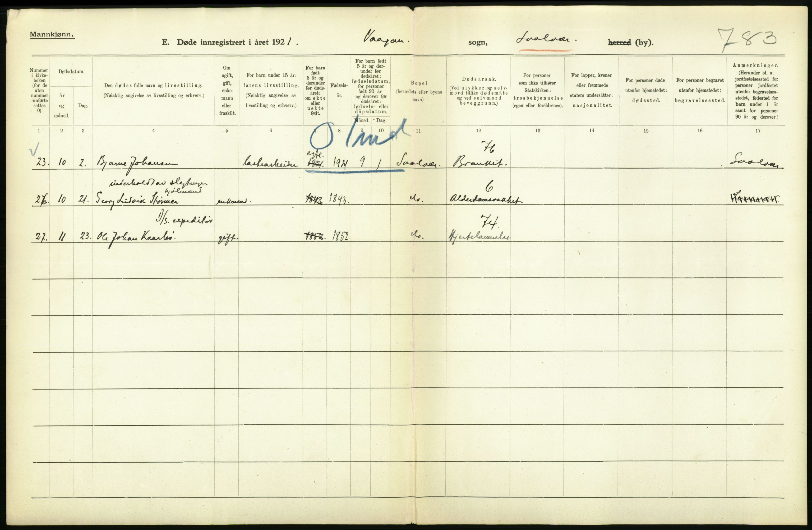 Statistisk sentralbyrå, Sosiodemografiske emner, Befolkning, AV/RA-S-2228/D/Df/Dfc/Dfca/L0051: Nordland fylke: Døde. Bygder og byer., 1921