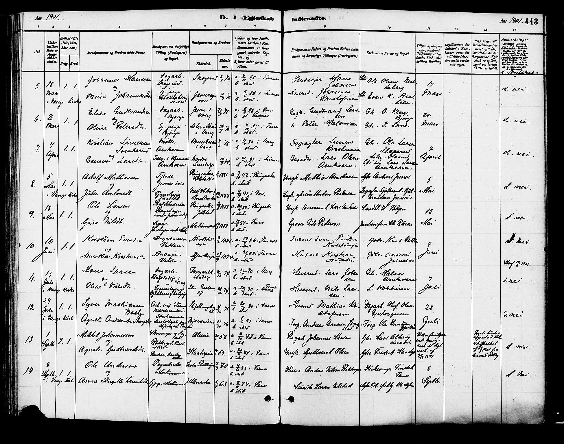 Vang prestekontor, Hedmark, SAH/PREST-008/H/Ha/Haa/L0018B: Parish register (official) no. 18B, 1880-1906, p. 443