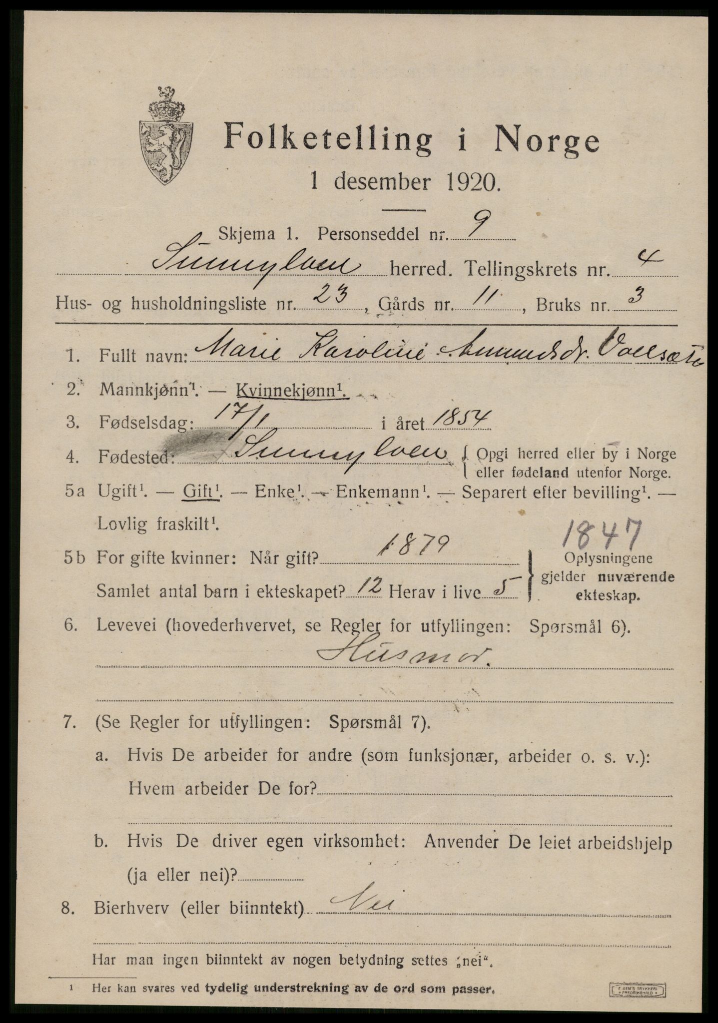 SAT, 1920 census for Sunnylven, 1920, p. 2156