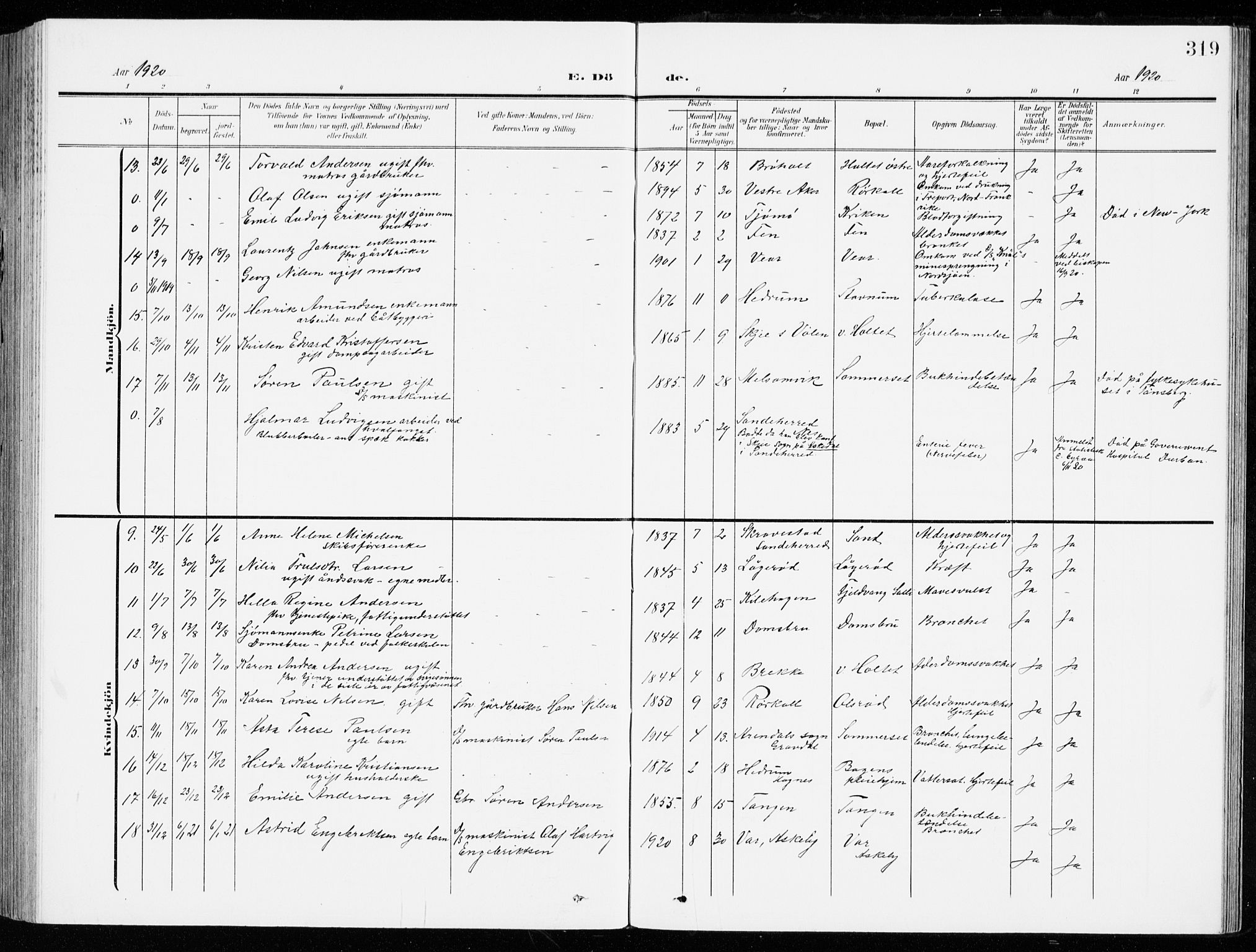 Stokke kirkebøker, AV/SAKO-A-320/G/Ga/L0001: Parish register (copy) no. I 1, 1904-1940, p. 319