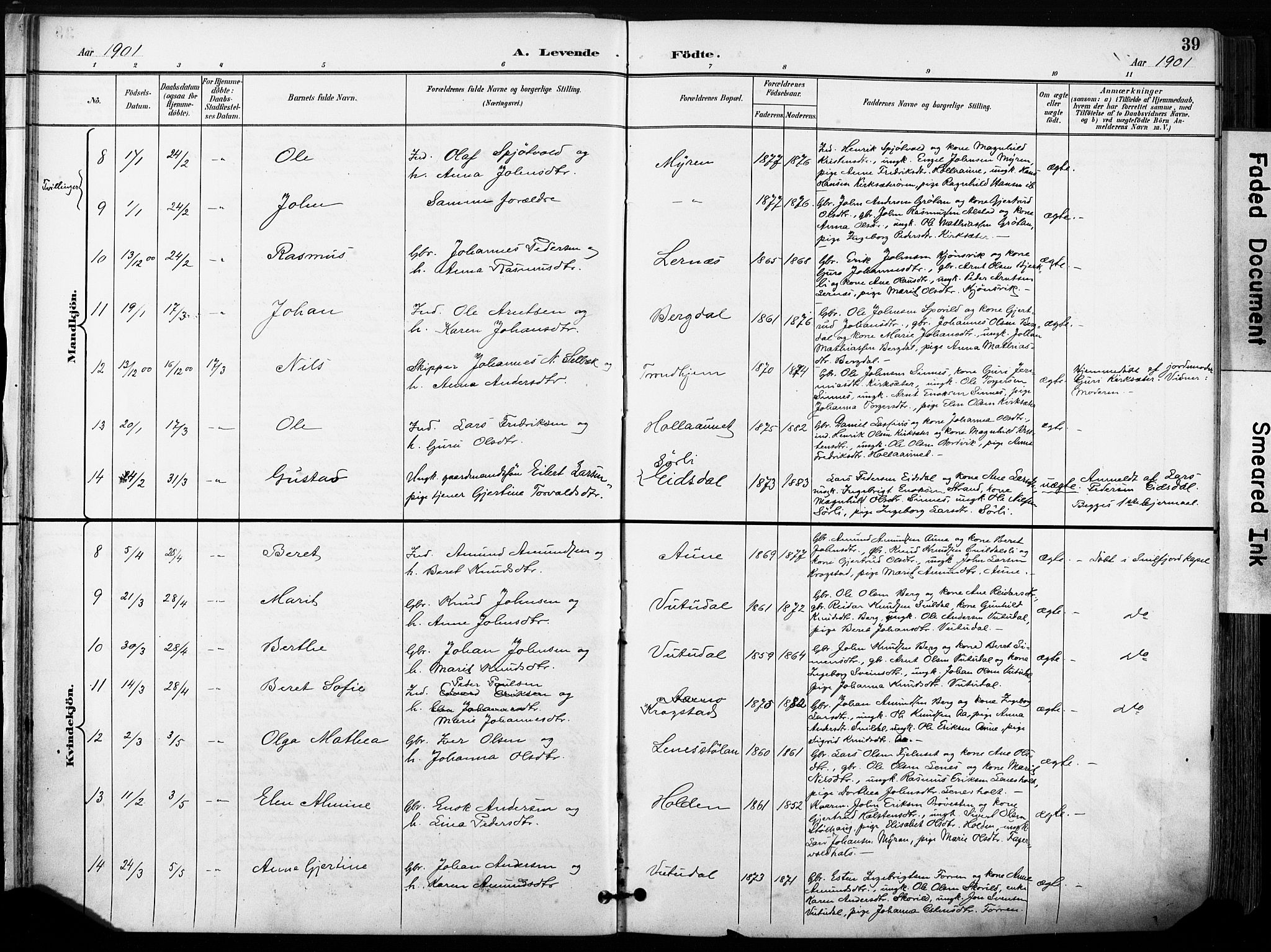Ministerialprotokoller, klokkerbøker og fødselsregistre - Sør-Trøndelag, SAT/A-1456/630/L0497: Parish register (official) no. 630A10, 1896-1910, p. 39
