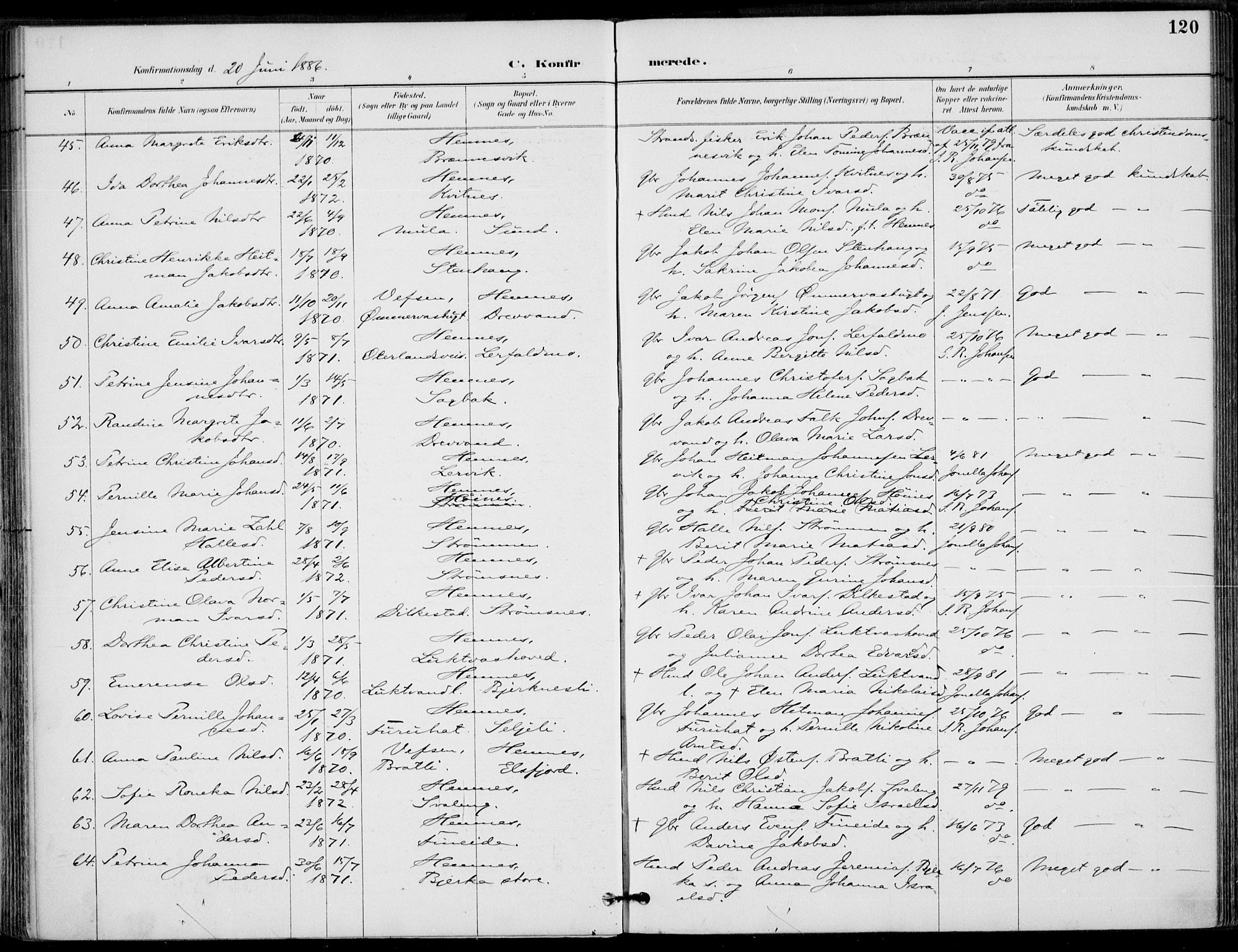 Ministerialprotokoller, klokkerbøker og fødselsregistre - Nordland, SAT/A-1459/825/L0362: Parish register (official) no. 825A16, 1886-1908, p. 120