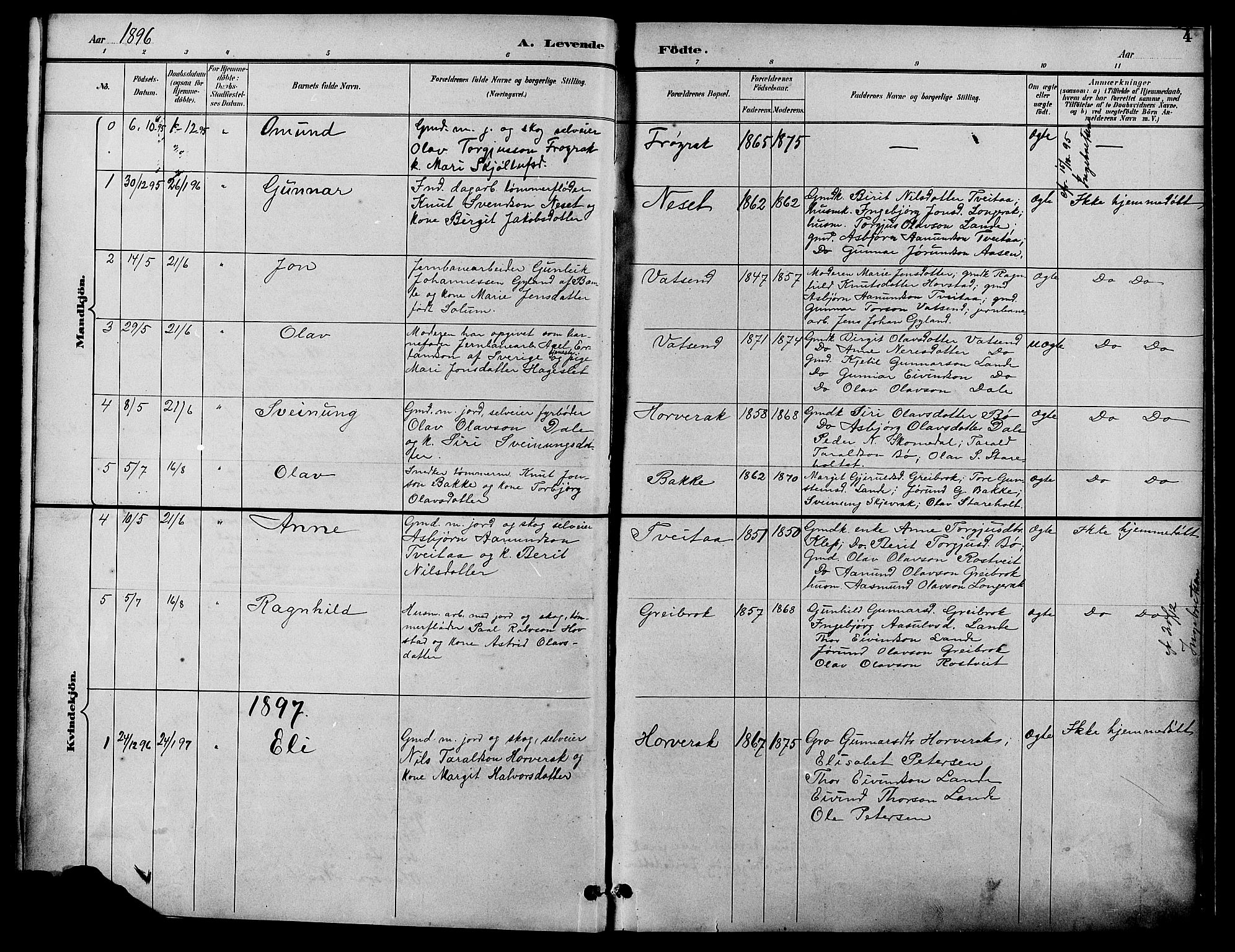 Bygland sokneprestkontor, AV/SAK-1111-0006/F/Fb/Fbd/L0002: Parish register (copy) no. B 2, 1894-1909, p. 4