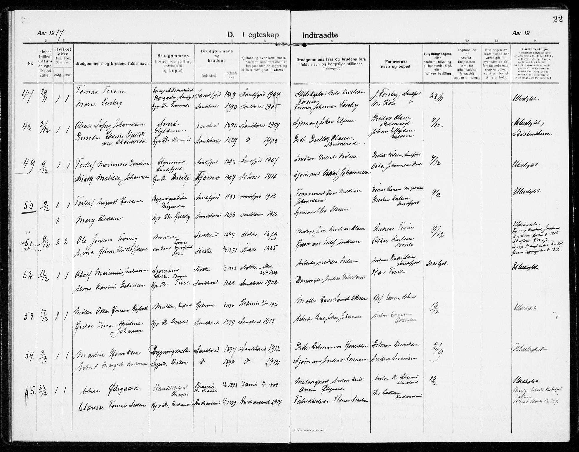 Sandar kirkebøker, AV/SAKO-A-243/F/Fa/L0020: Parish register (official) no. 20, 1915-1919, p. 22
