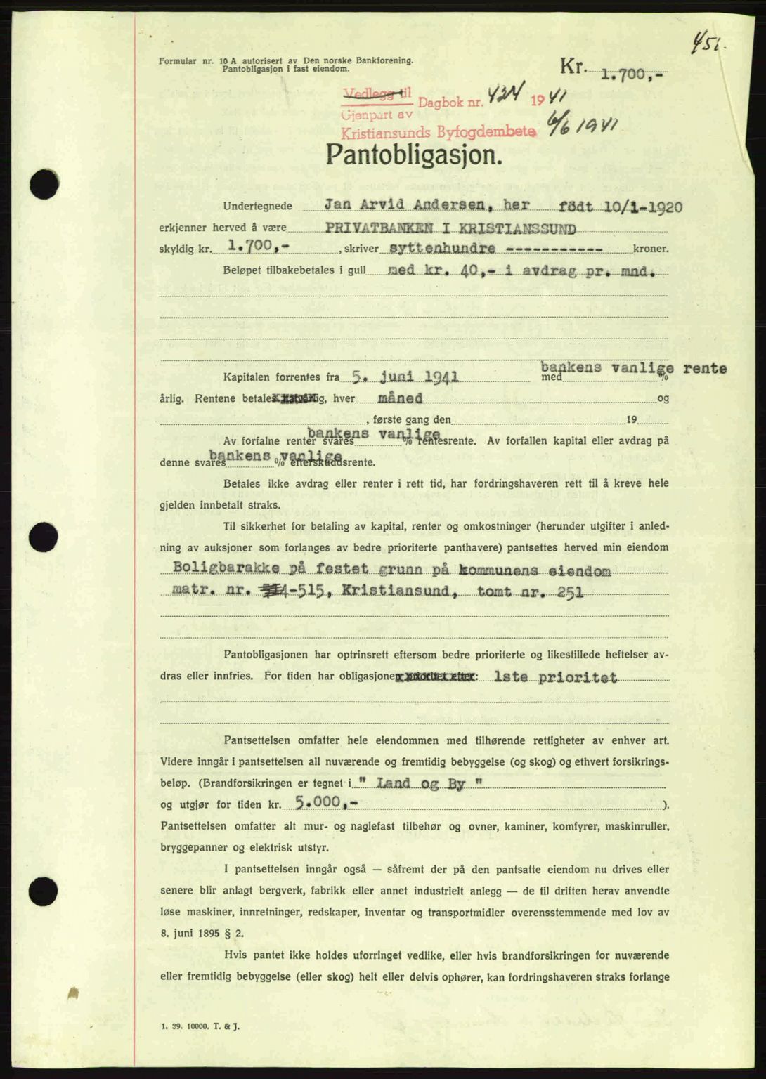 Kristiansund byfogd, AV/SAT-A-4587/A/27: Mortgage book no. 33, 1939-1941, Diary no: : 424/1941