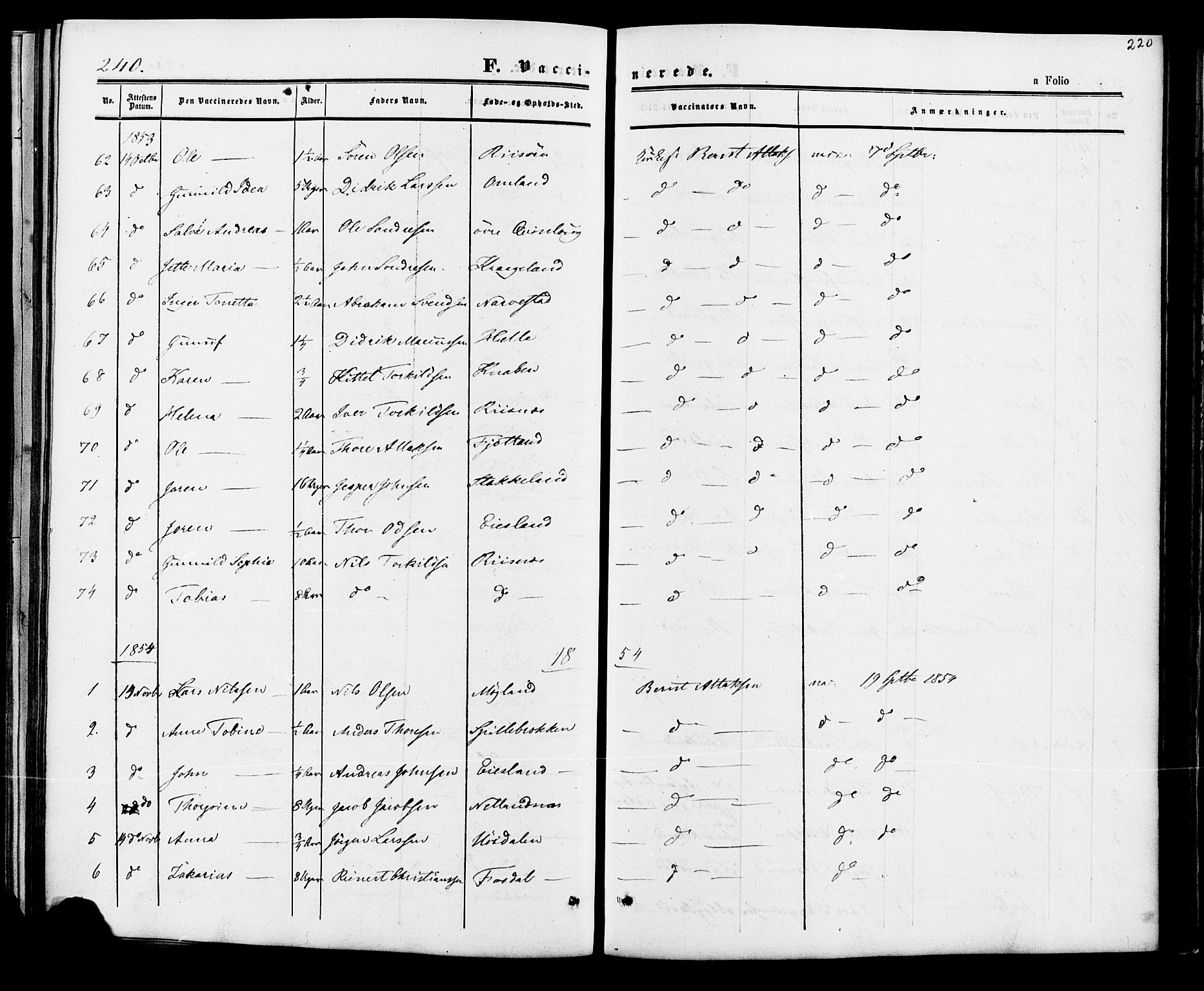 Fjotland sokneprestkontor, AV/SAK-1111-0010/F/Fa/L0001: Parish register (official) no. A 1, 1850-1879, p. 220