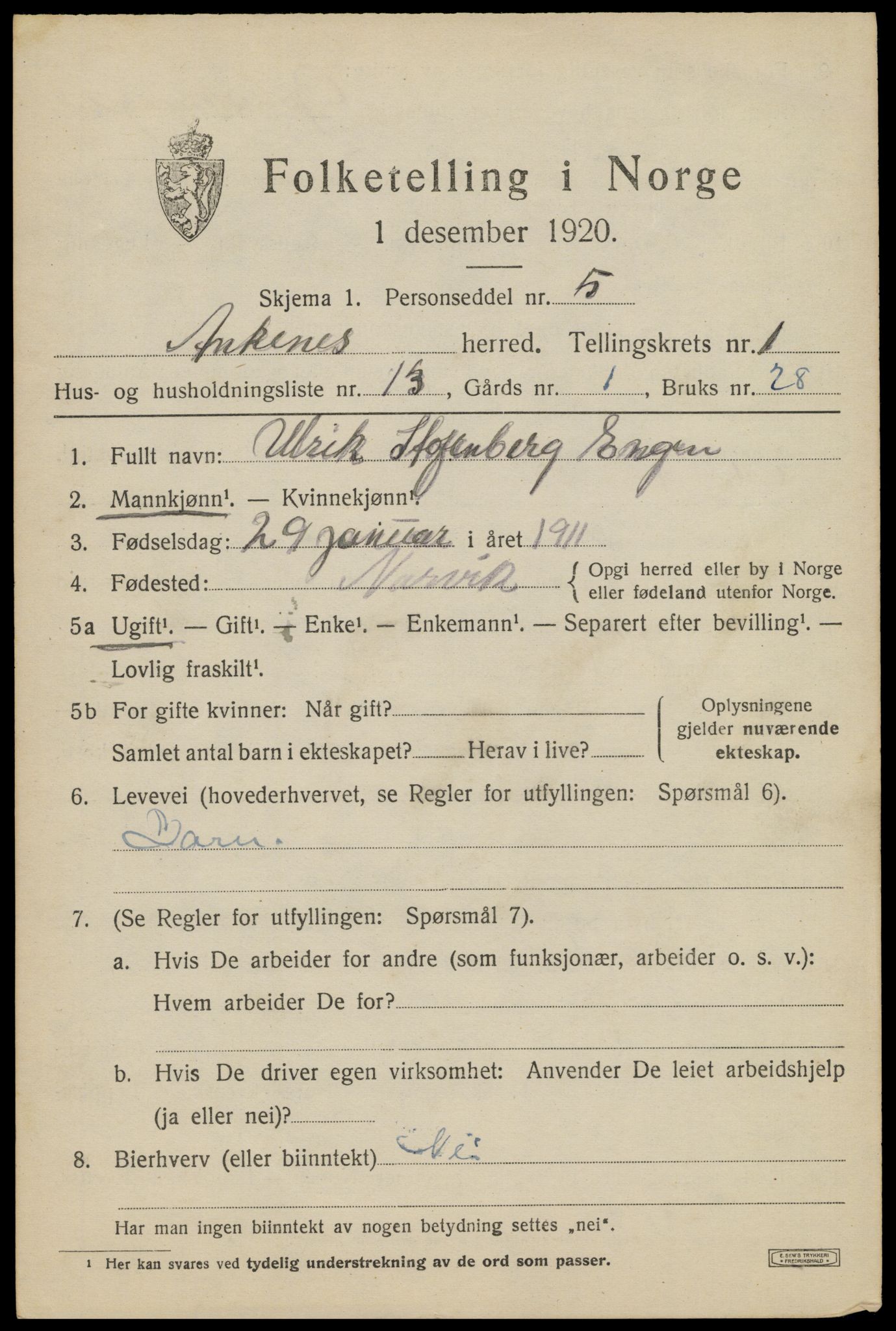 SAT, 1920 census for Ankenes, 1920, p. 1351