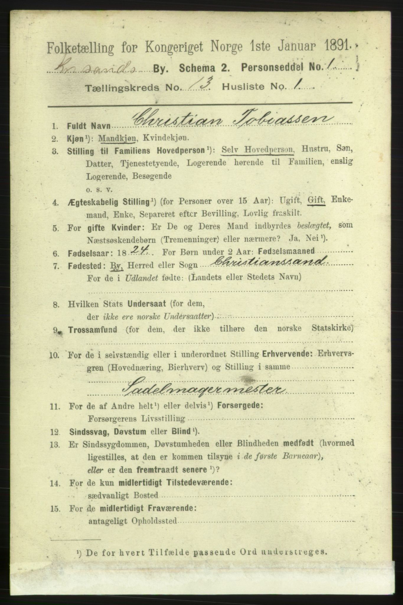 RA, 1891 census for 1001 Kristiansand, 1891, p. 6067