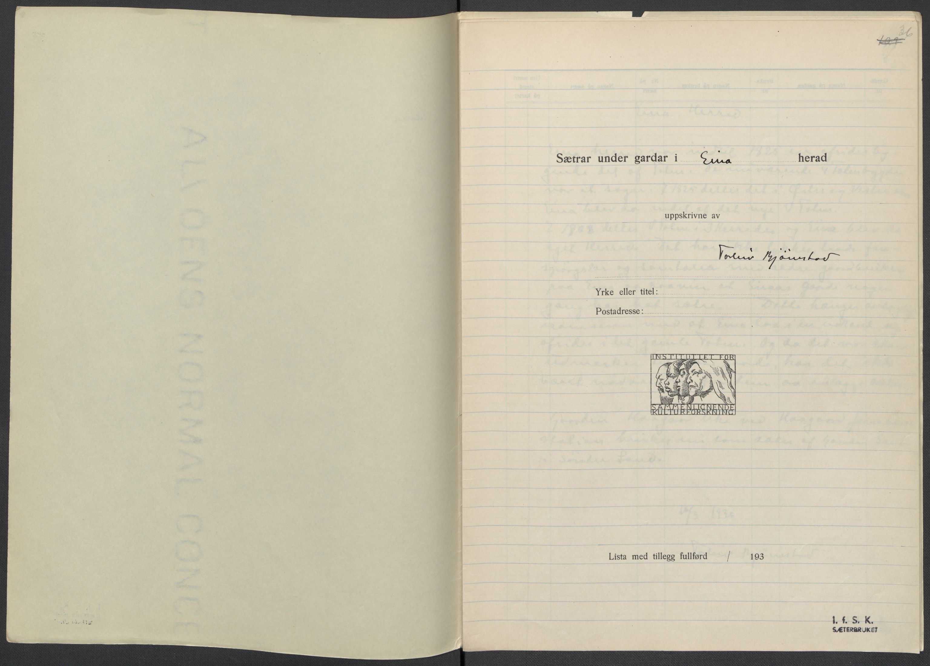 Instituttet for sammenlignende kulturforskning, AV/RA-PA-0424/F/Fc/L0004/0003: Eske B4: / Oppland (perm IX), 1933-1935, p. 36