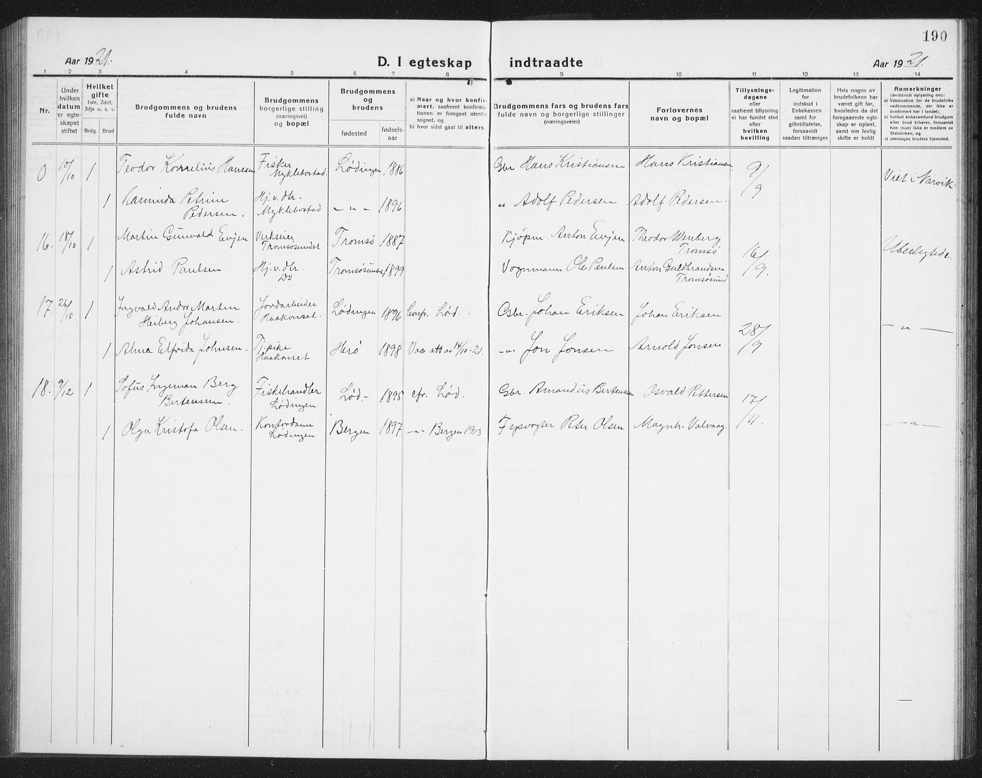 Ministerialprotokoller, klokkerbøker og fødselsregistre - Nordland, AV/SAT-A-1459/872/L1049: Parish register (copy) no. 872C05, 1920-1938, p. 190