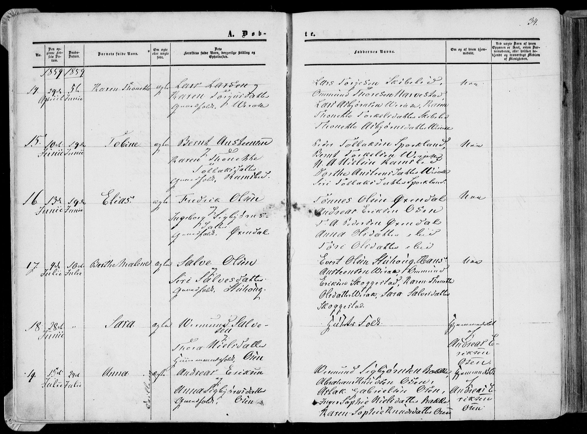 Bakke sokneprestkontor, AV/SAK-1111-0002/F/Fa/Faa/L0006: Parish register (official) no. A 6, 1855-1877, p. 34