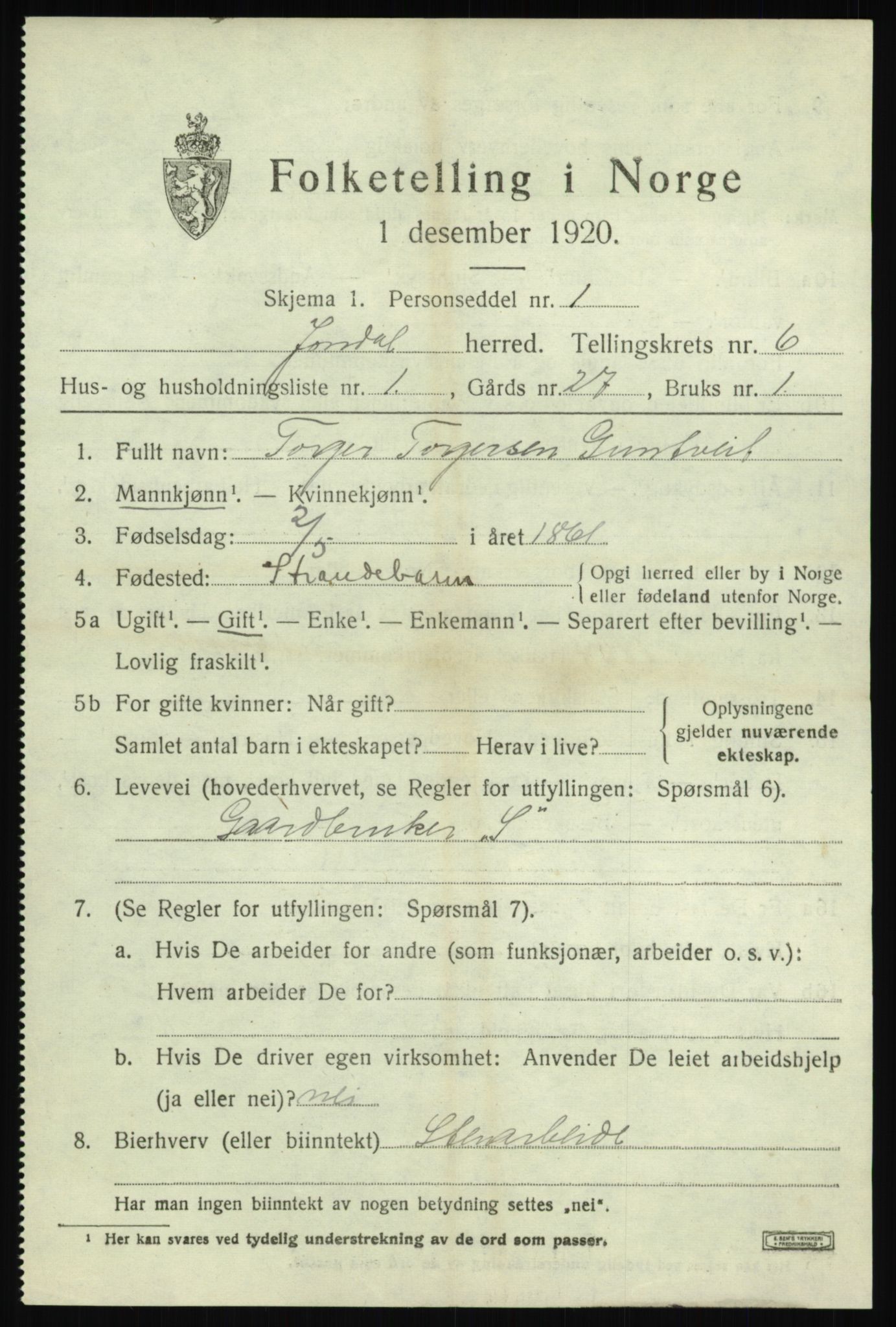 SAB, 1920 census for Jondal, 1920, p. 2850