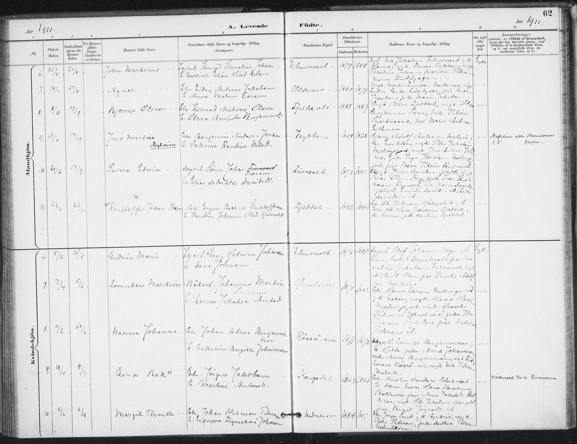 Ministerialprotokoller, klokkerbøker og fødselsregistre - Nordland, AV/SAT-A-1459/826/L0380: Parish register (official) no. 826A03, 1891-1911, p. 62