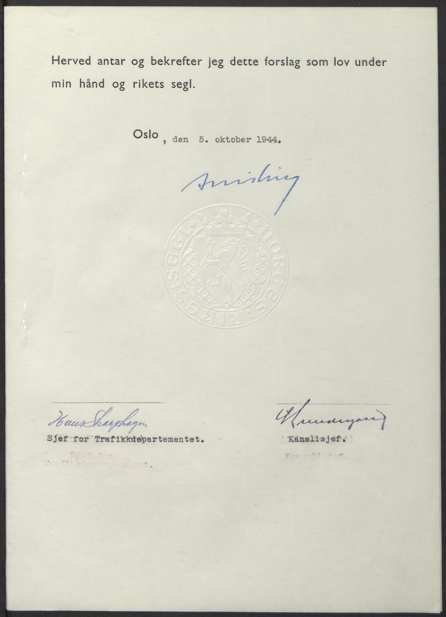 NS-administrasjonen 1940-1945 (Statsrådsekretariatet, de kommisariske statsråder mm), AV/RA-S-4279/D/Db/L0100: Lover, 1944, p. 484