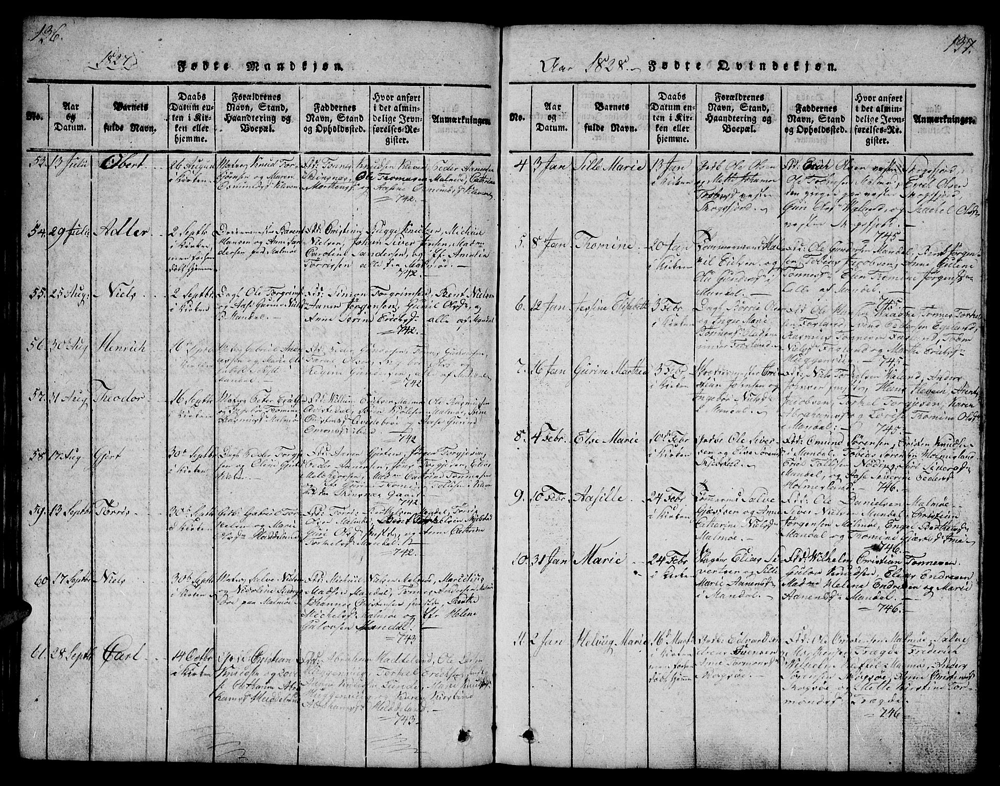 Mandal sokneprestkontor, AV/SAK-1111-0030/F/Fb/Fba/L0001: Parish register (copy) no. B 1, 1818-1830, p. 136-137