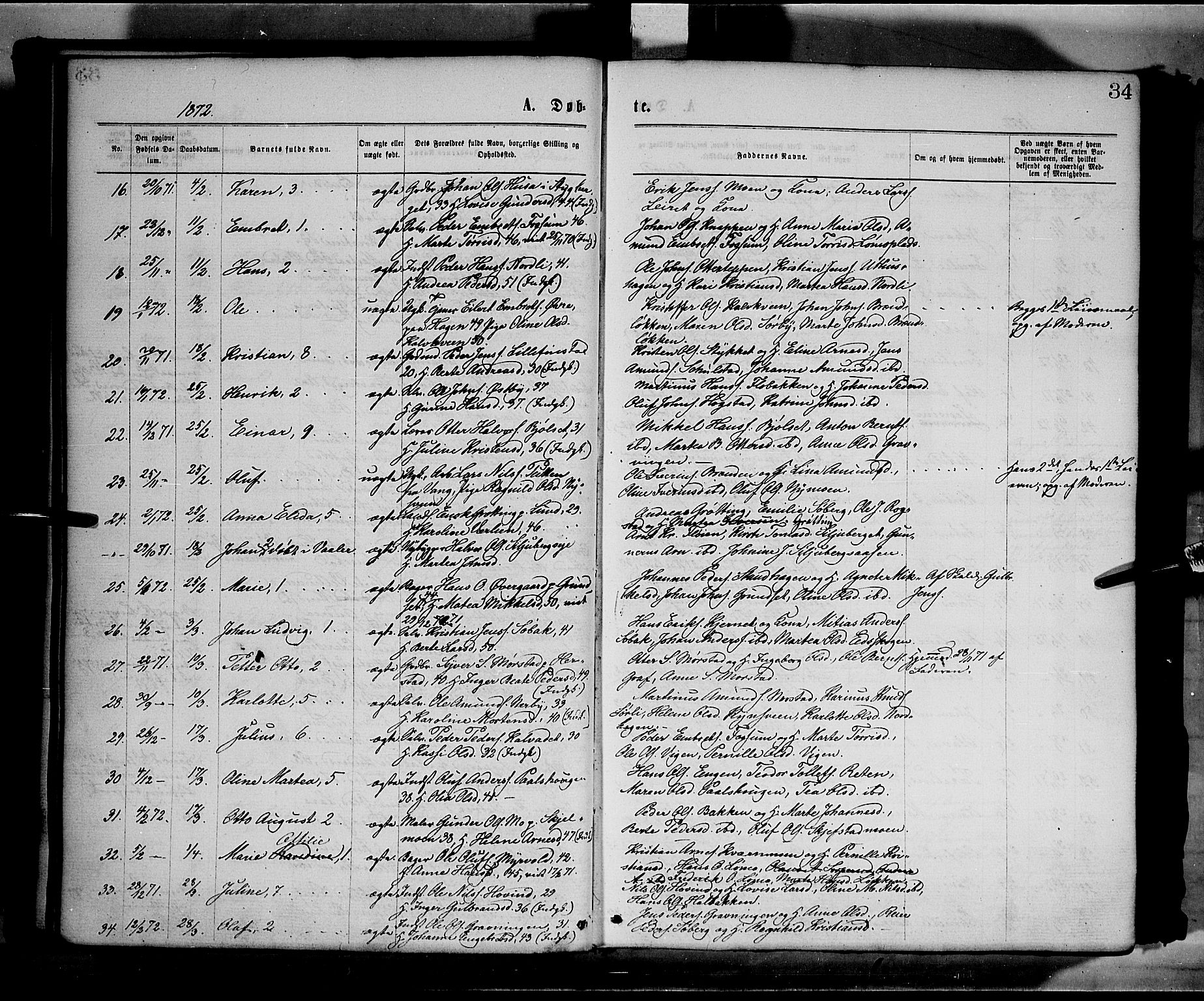 Elverum prestekontor, AV/SAH-PREST-044/H/Ha/Haa/L0011: Parish register (official) no. 11, 1869-1879, p. 34