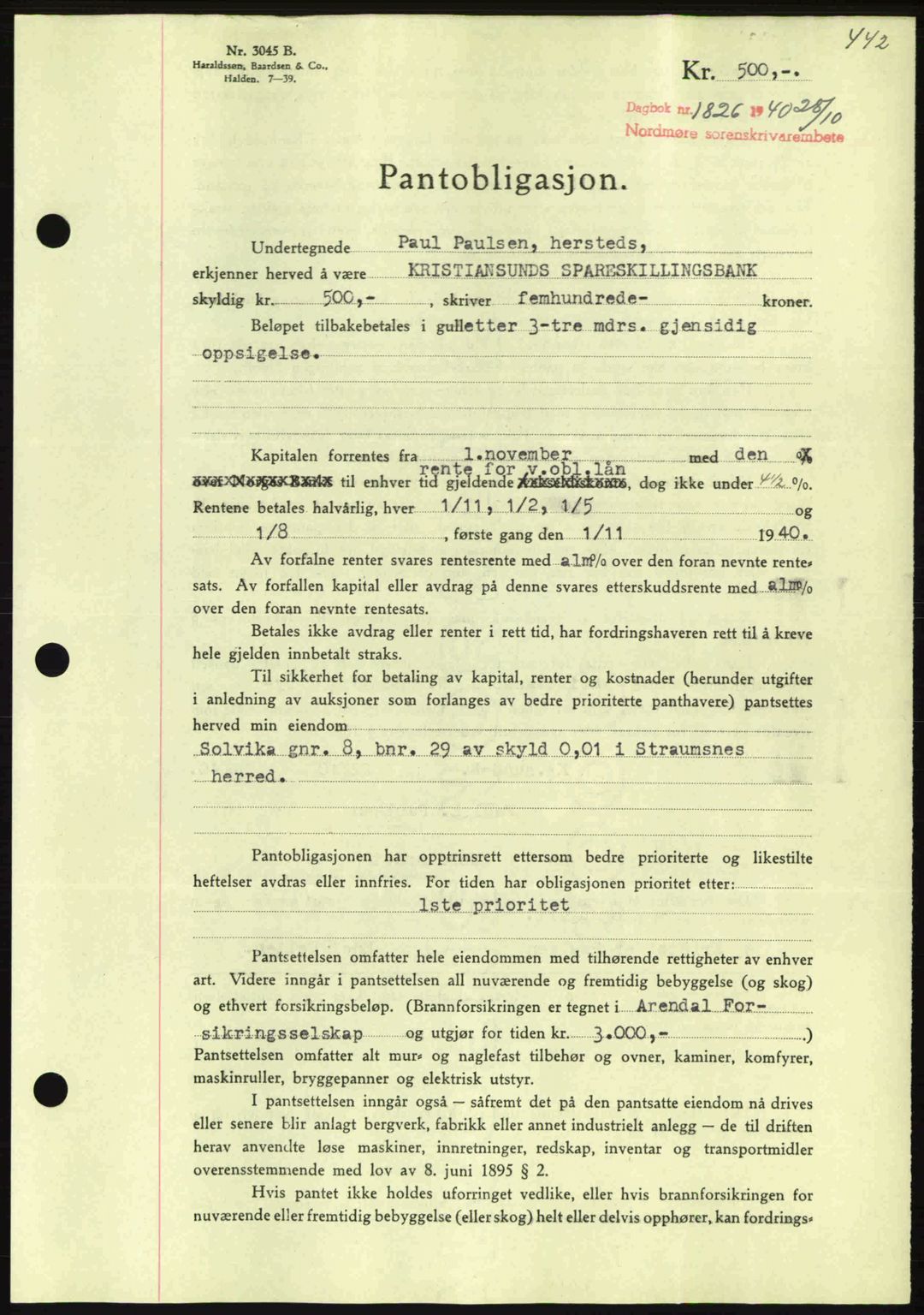 Nordmøre sorenskriveri, AV/SAT-A-4132/1/2/2Ca: Mortgage book no. B87, 1940-1941, Diary no: : 1826/1940